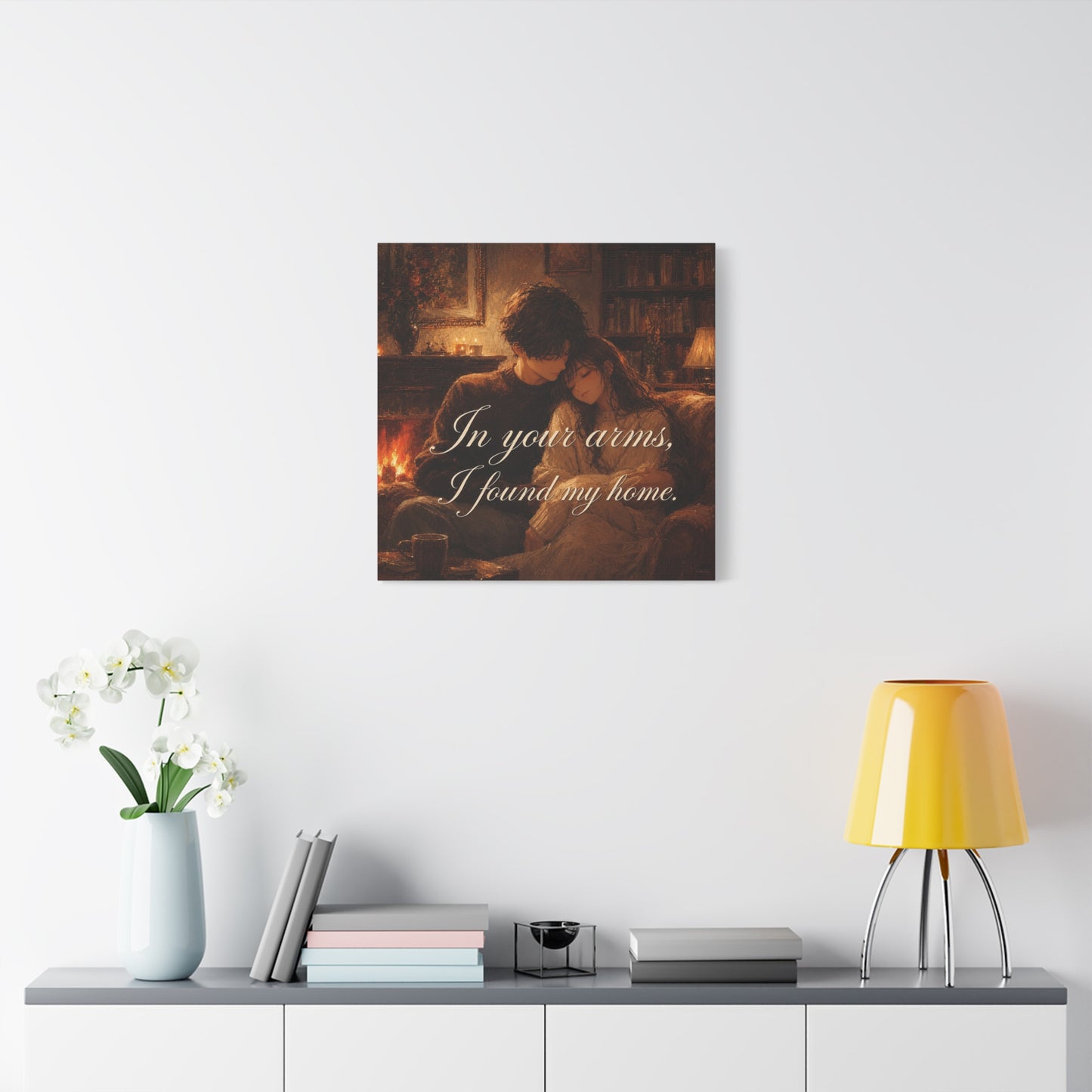 "In Your Arms, I Found My Home" Romantic Couple Canvas Wall Art - Cozy Fireplace Library Scene, Warm Vintage Style - Bedroom Home Decoration, Living Room Accent - Ready to Hang - Office Wall Art