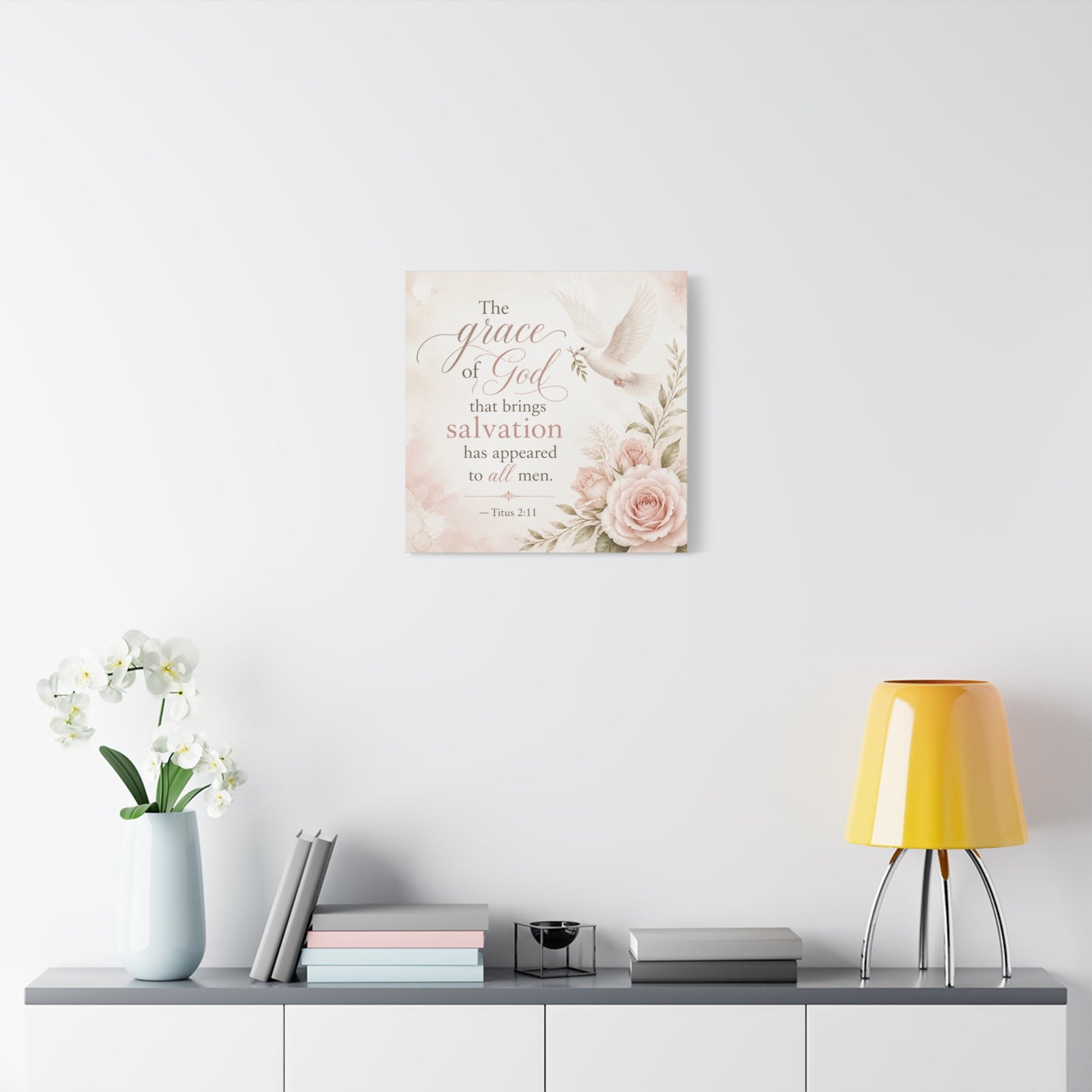 "The Grace Of God That Brings Salvation Has Appeared To All Men" Canvas Wall Art - Dove, Roses, Titus 2:11 Scripture Print - Blush Floral Christian Decor - Bedroom Living Room Accent - Office Wall Art