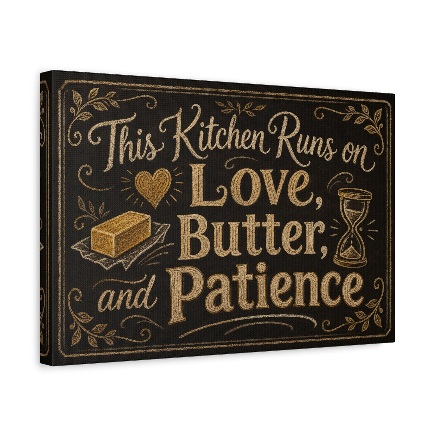 "This Kitchen Runs On Love, Butter, And Patience" Canvas Wall Art - Rustic Typography Kitchen Decor - Chalkboard Style Cotton Print - Ready to Hang