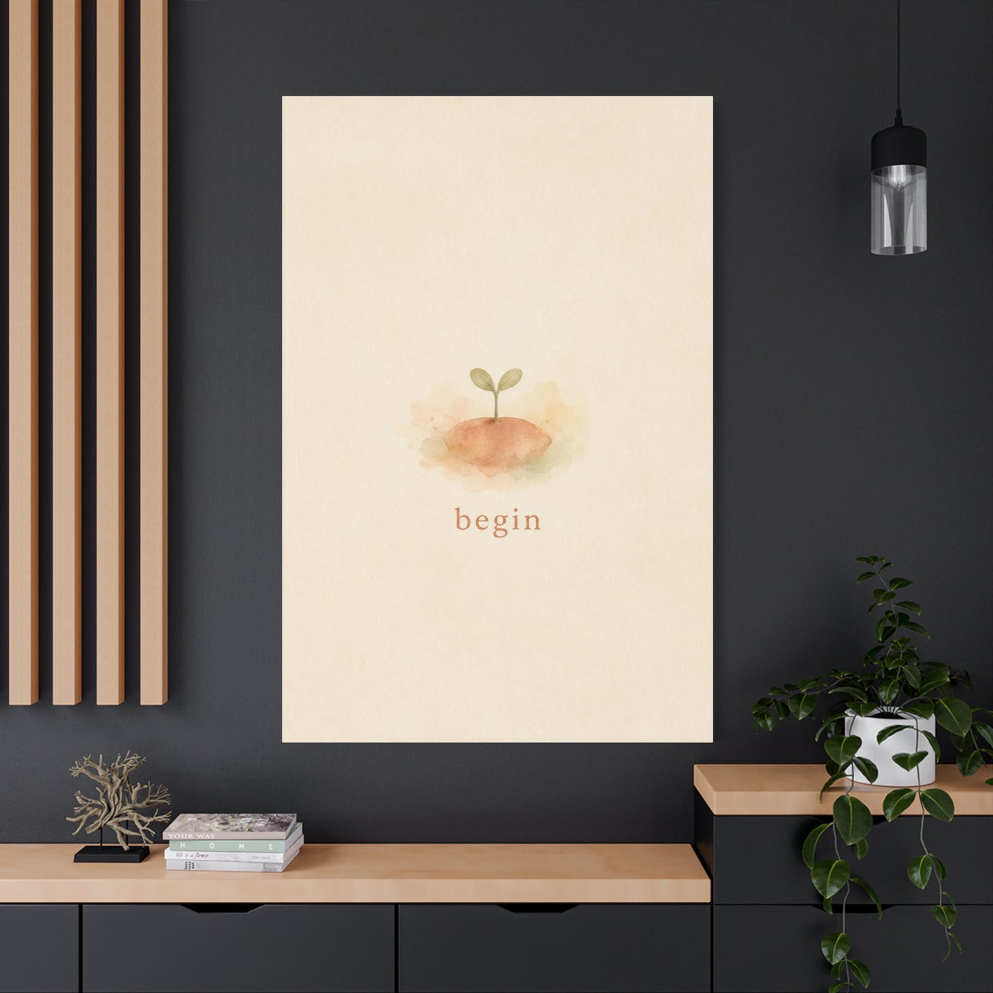 "Begin" Minimalist Sprout Canvas Wall Art - Inspirational Typography Print, Soft Beige Botanical Watercolor - Contemporary Neutral Decor For Bedroom, Nursery, Home Office, Meditation Space