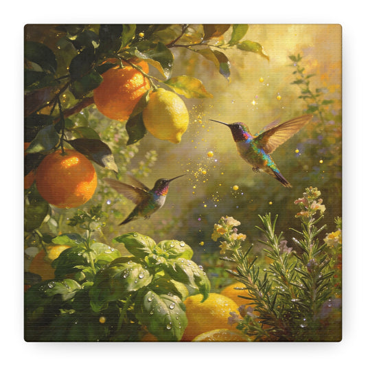 Hummingbird Citrus Canvas Wall Art - Lemon Orange Botanical Garden Print - Golden Light, Nature Home Decor, Living Room Wall Decor, Bedroom Home Decoration, Matte Finish Canvas - Cozy Reading Nook Art