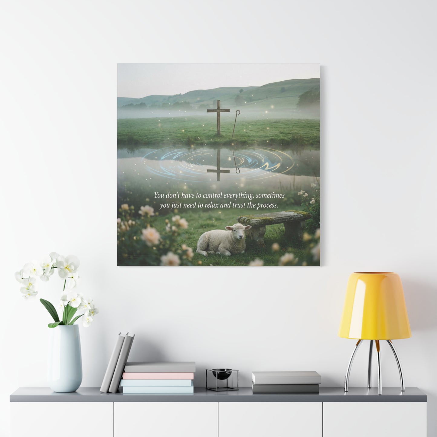 "You Don’t Have To Control Everything, Sometimes You Just Need To Relax And Trust The Process" Canvas Wall Art - Christian Cross, Lamb Meadow Scene - Inspirational Farmhouse Decor - Office Wall Art