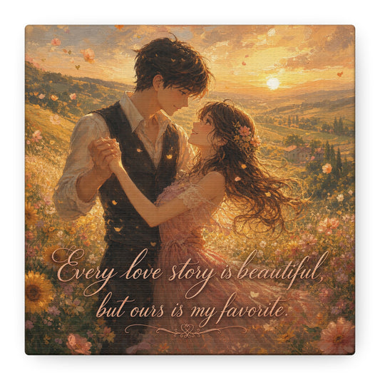 "Every Love Story Is Beautiful, But Ours Is My Favorite" Romantic Couple Canvas Wall Art - Golden Sunset Wildflower Field - Dreamy Rustic Style - Bedroom Wall Decor - Ready to Hang - Ready to Hang