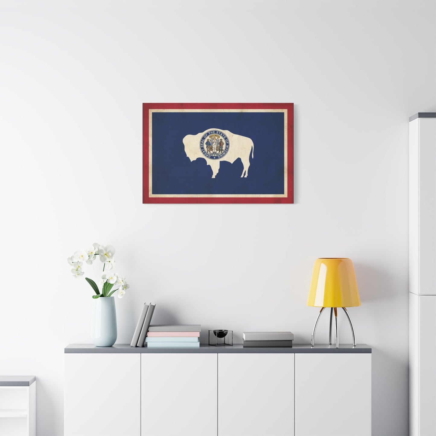 Wyoming State Flag Canvas Wall Art - Great Seal Of The State Of Wyoming Buffalo Print - Vintage Patriotic Western Decor - Rustic Americana Style - Living Room Wall Decor - Bedroom Home Decoration