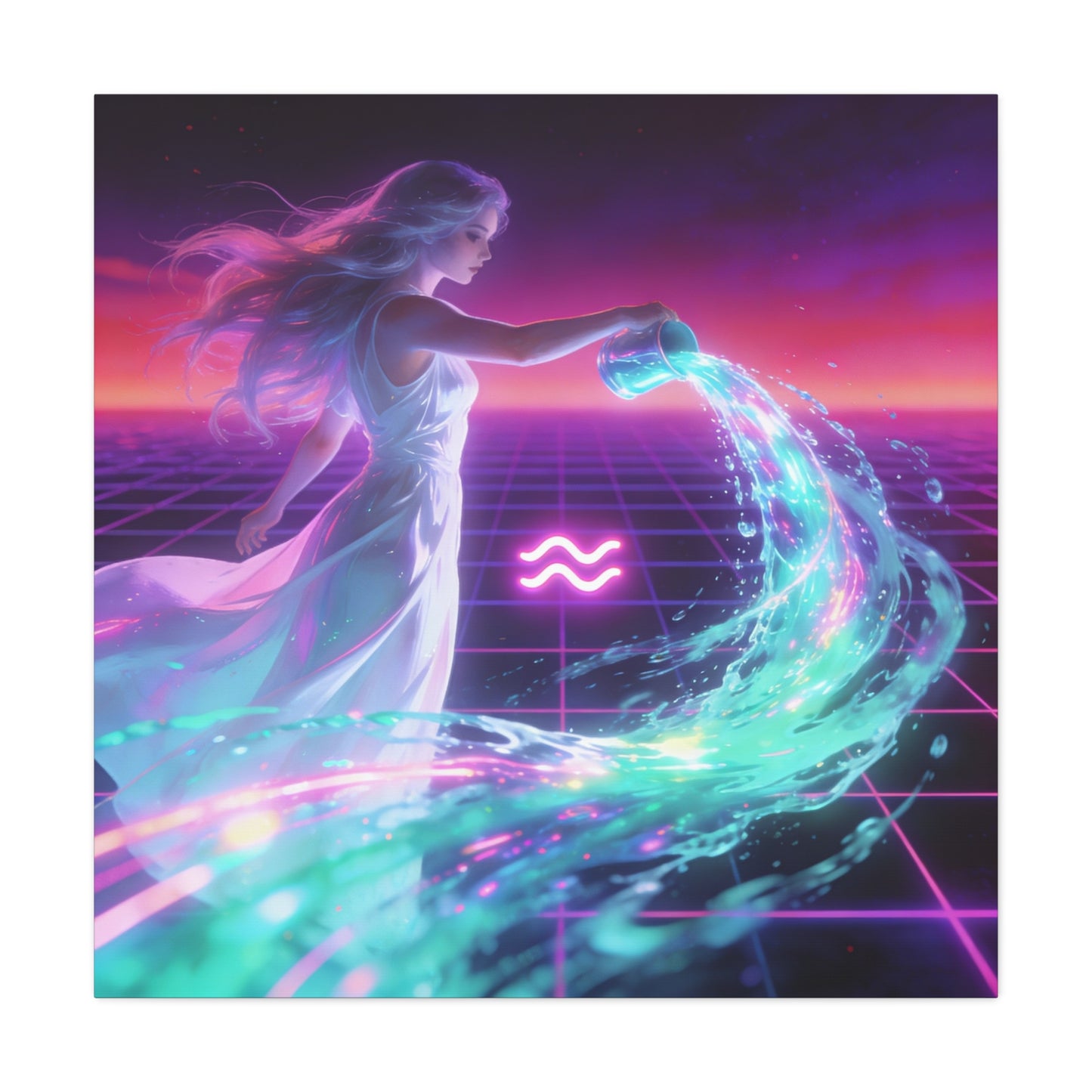 Aquarius Woman Canvas Wall Art - Neon Water Bearer Zodiac Illustration, Retro Synthwave Aesthetic - Matte Canvas Print - Bedroom Wall Decor, Home Office Accent, Mystical Decor - Modern Farmhouse Style