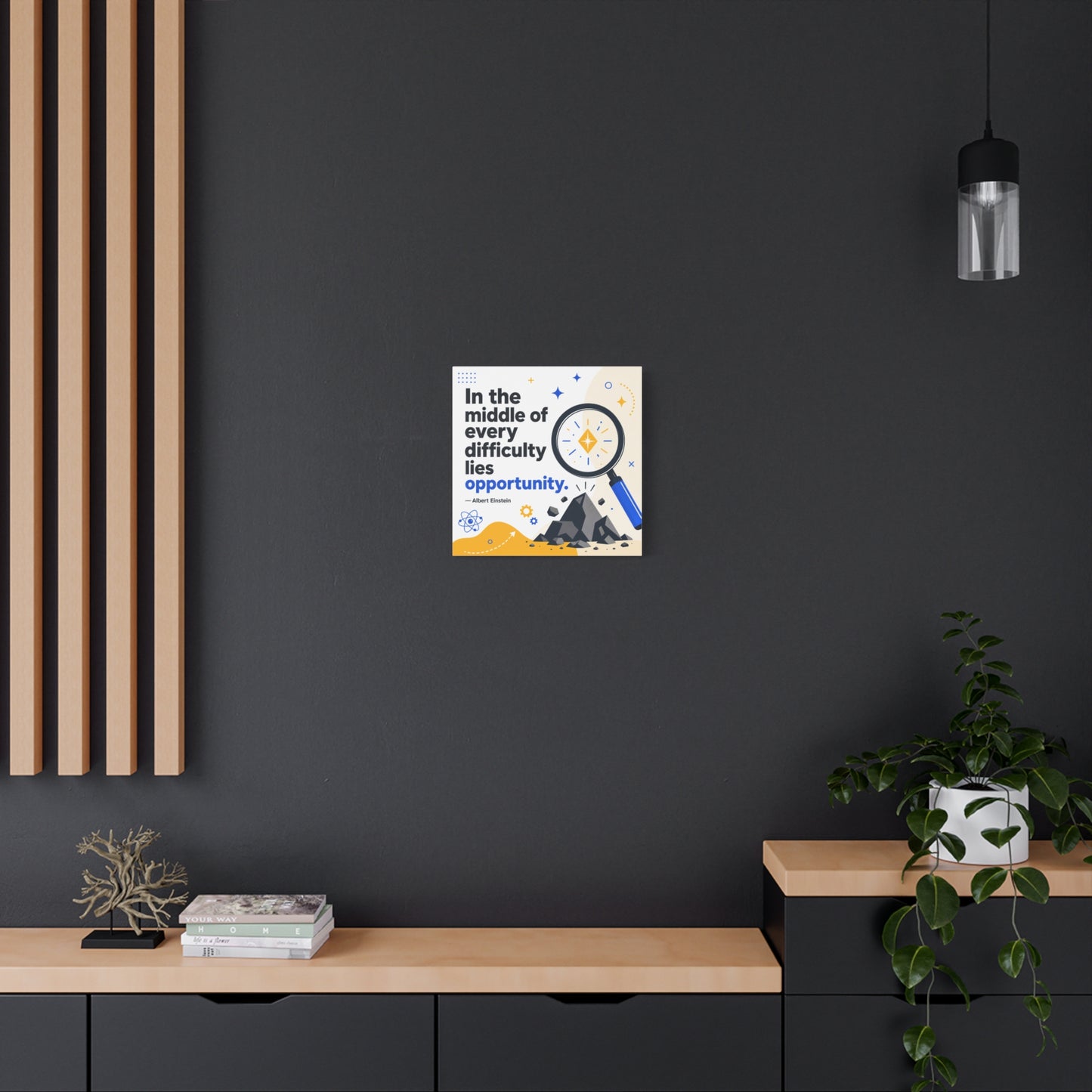 "In The Middle Of Every Difficulty Lies Opportunity." Einstein Canvas Wall Art - Motivational Quote Print, Blue Yellow Modern Typography, Office Decor, Classroom Inspiration, Study Room Accent