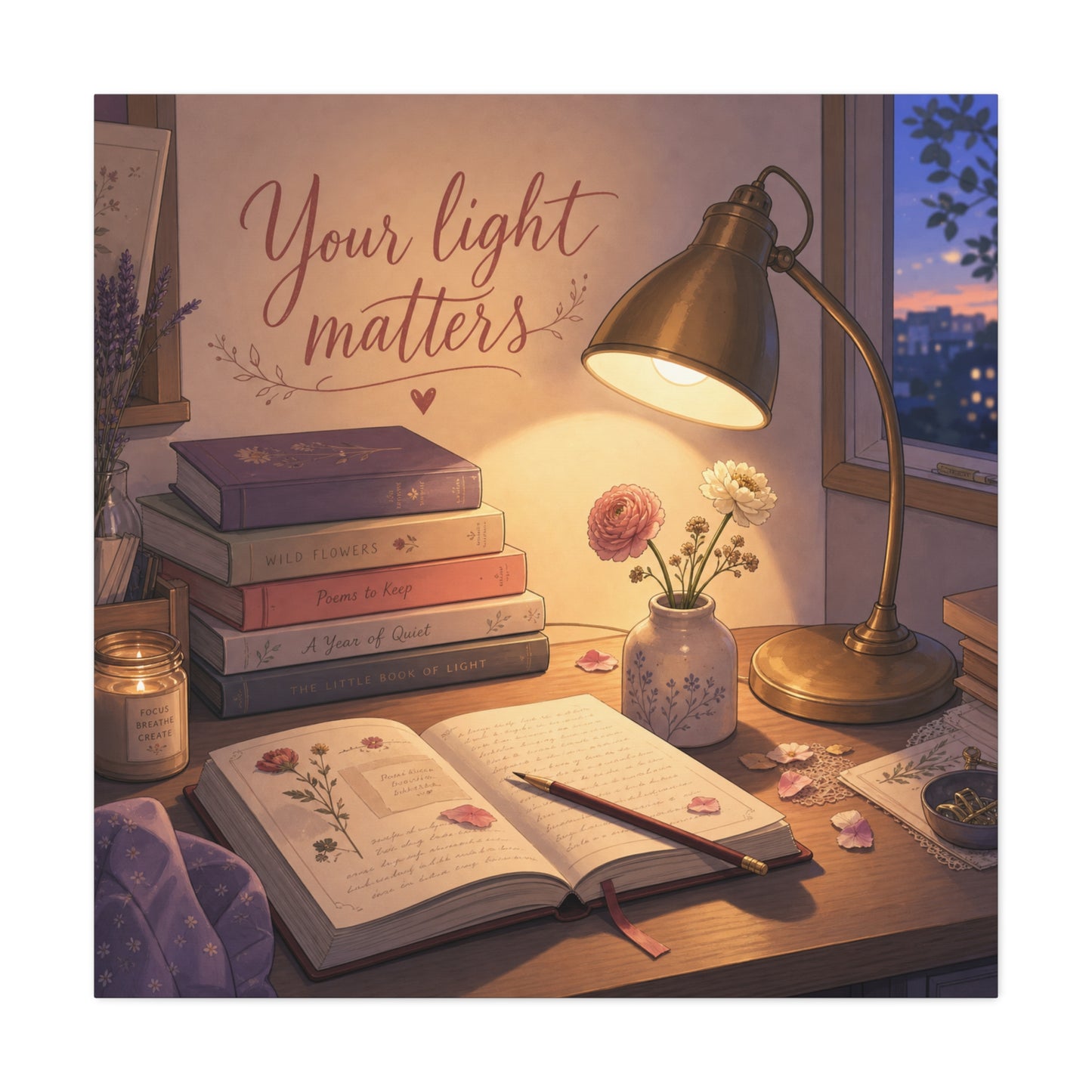 "Your Light Matters" Inspirational Canvas Wall Art - Cozy Desk Lamp Books Floral Print - Warm Vintage Bedroom Wall Decor - Reading Nook Home Decoration - Ready to Hang - Bedroom Home Decoration