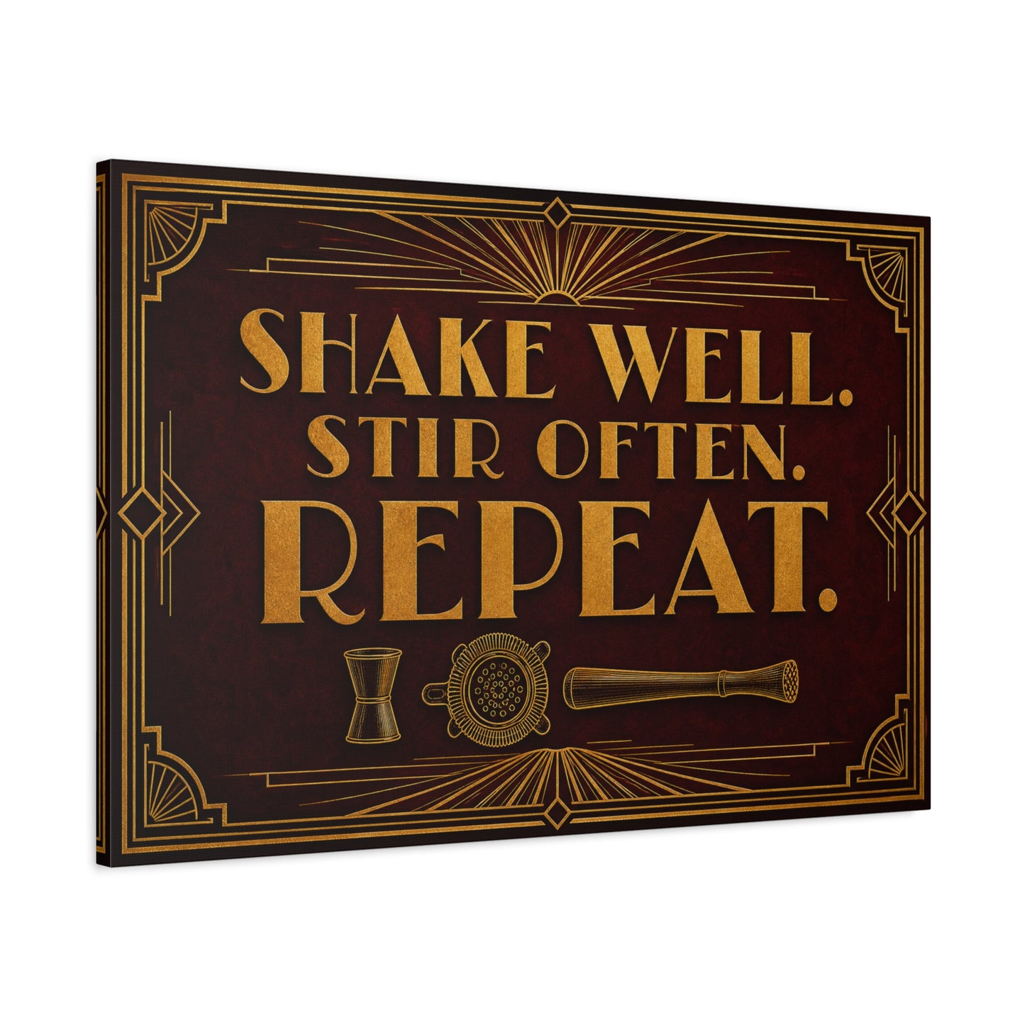 "Shake Well. Stir Often. Repeat." Cocktail Canvas Wall Art - Art Deco Bar Quote Print, Vintage Gold Typography, Speakeasy Lounge Decor, Home Bar Decoration - Ready to Hang - Tavern Wall Decor