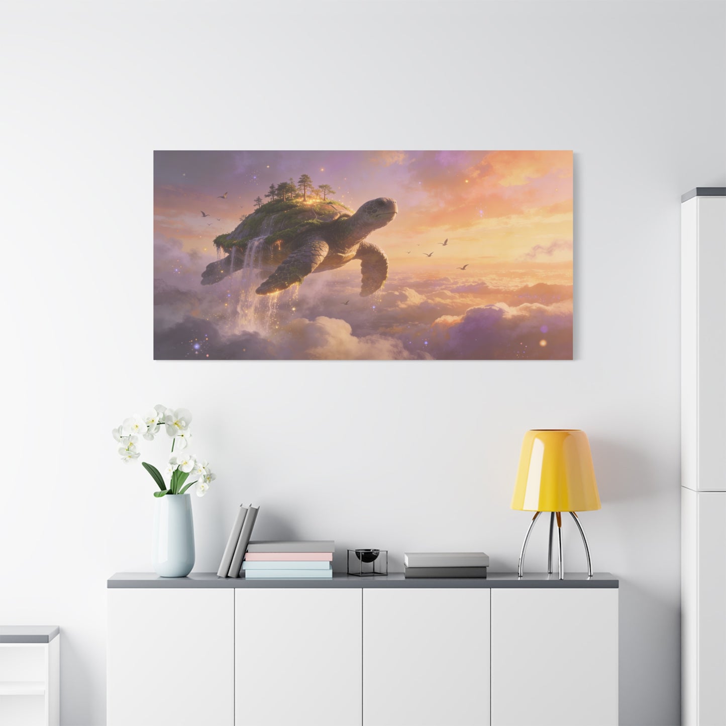 Flying Sea Turtle Canvas Wall Art - Fantasy Sky Island, Waterfall Clouds, Dreamy Surreal Canvas Print - Contemporary Celestial Style - Living Room Wall Decor, Bedroom Home Accent - Ready to Hang