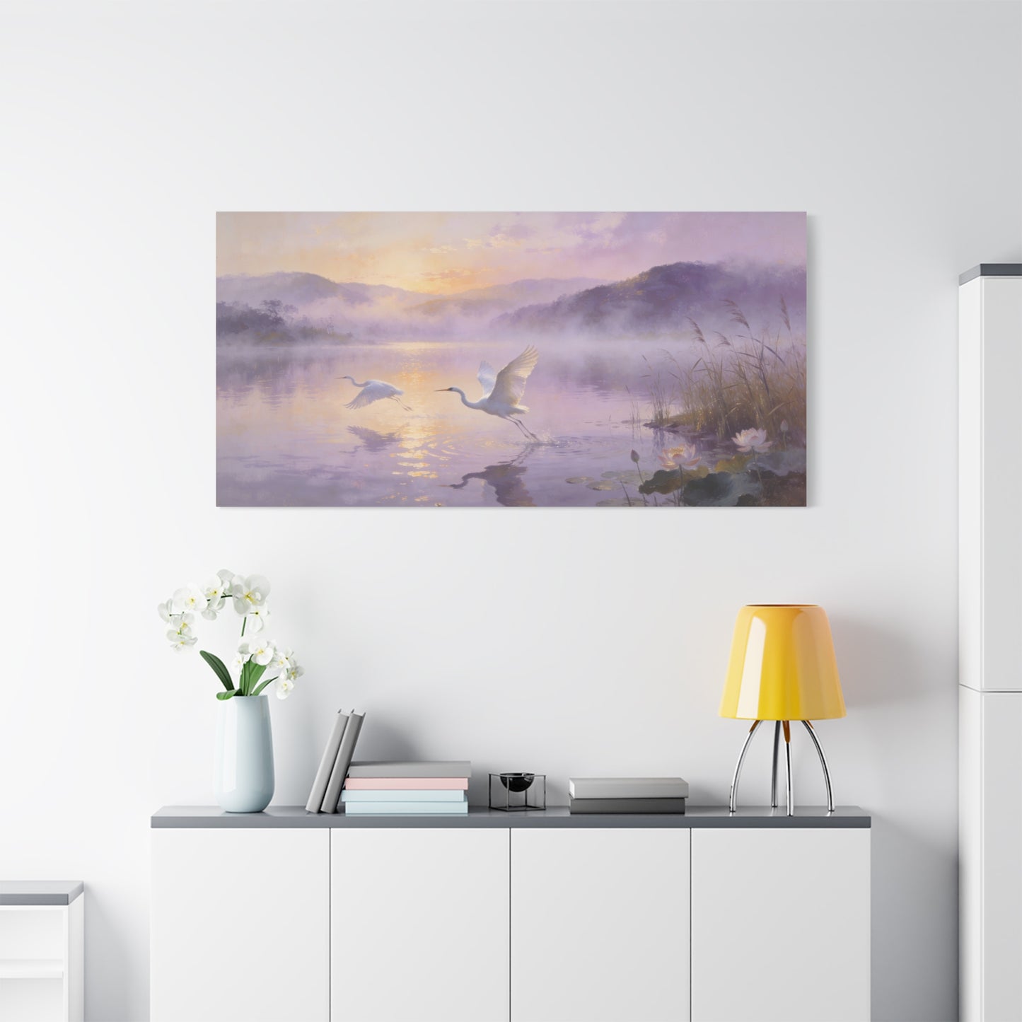 White Egret Canvas Wall Art - Misty Lake Sunrise Birds, Lotus Water Scene - Serene Impressionist Canvas Print - Bedroom Wall Decor, Living Room Home Decoration - Bedroom Home Decoration