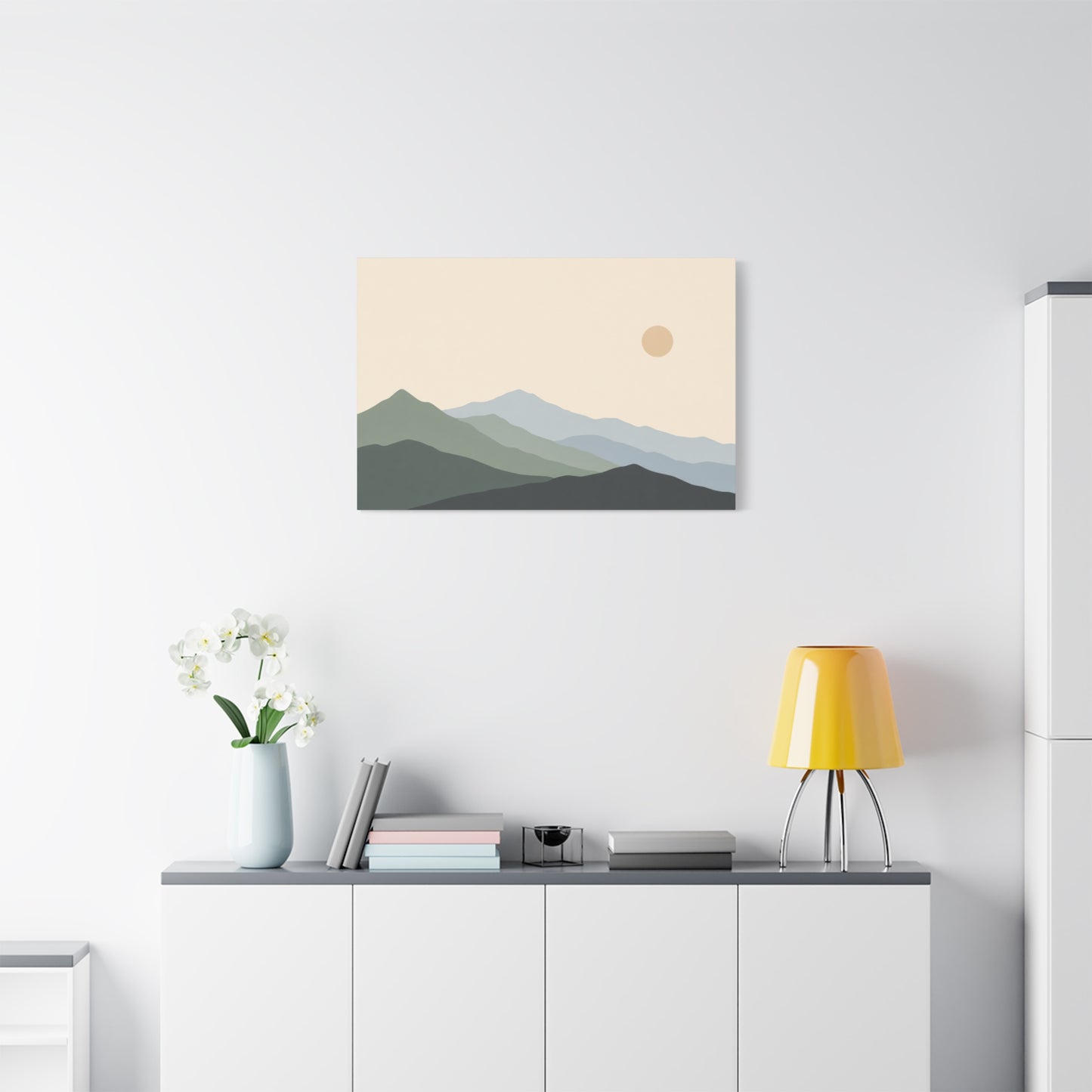 Minimalist Mountain Landscape Canvas Wall Art - Layered Blue Green Hills, Soft Sun - Contemporary Nature Print, Living Room Wall Decor, Bedroom Home Decoration, Office Art - Bedroom Home Decoration