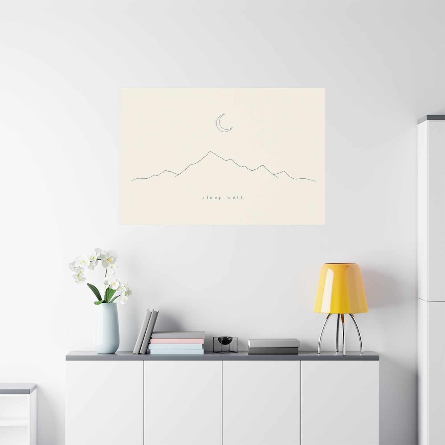 "Sleep Well" Minimalist Mountain Canvas Wall Art - Crescent Moon Line Drawing, Neutral Beige Canvas Print - Modern Bedroom Wall Decor, Nursery Home Decoration, Meditation Space - Ready to Hang