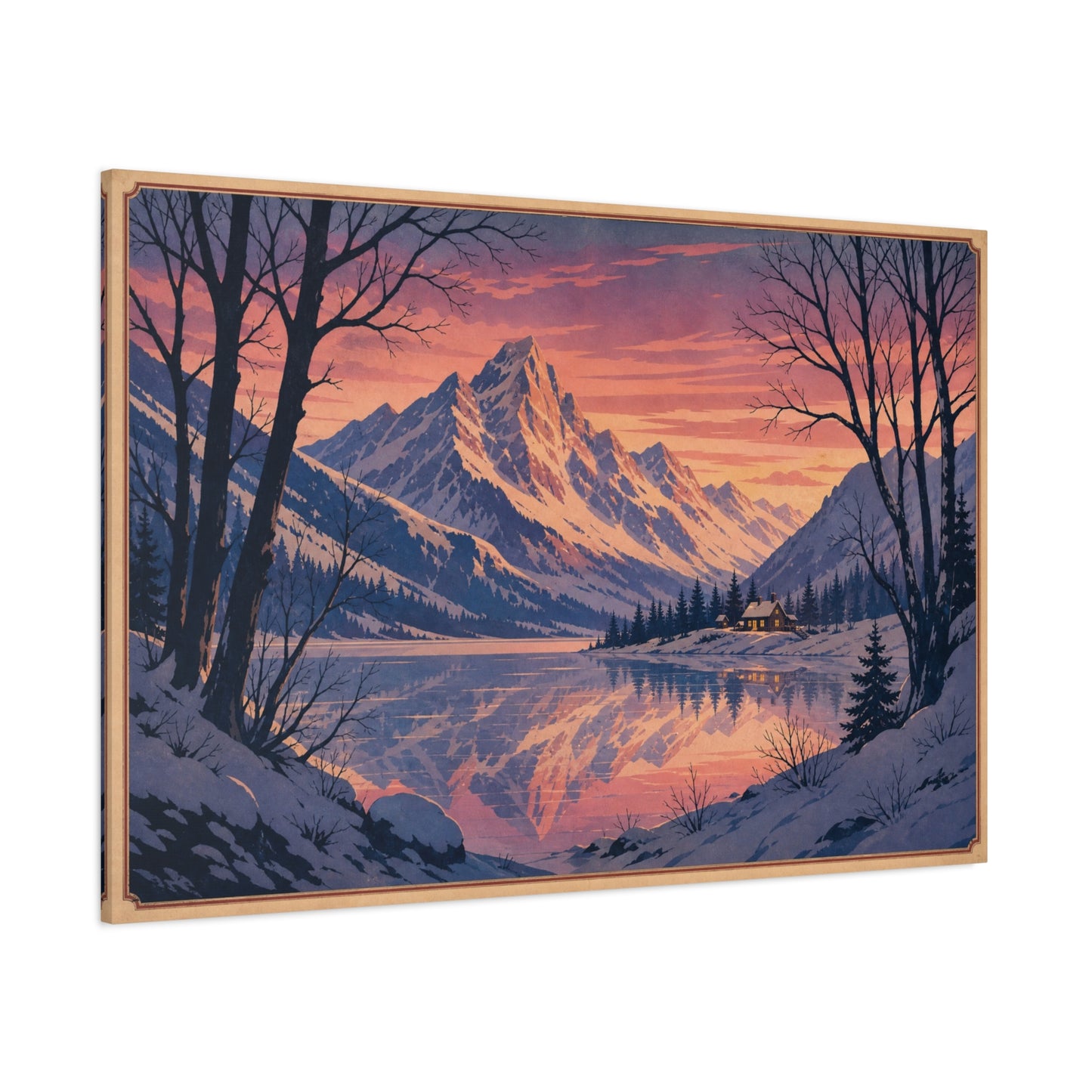 Snowy Mountain Lake Canvas Wall Art - Alpine Sunset Reflection Landscape Print, Rustic Winter Home Decor, Matte Finish Scenic Artwork For Living Room, Bedroom, Cabin Retreat - Living Room Wall Decor