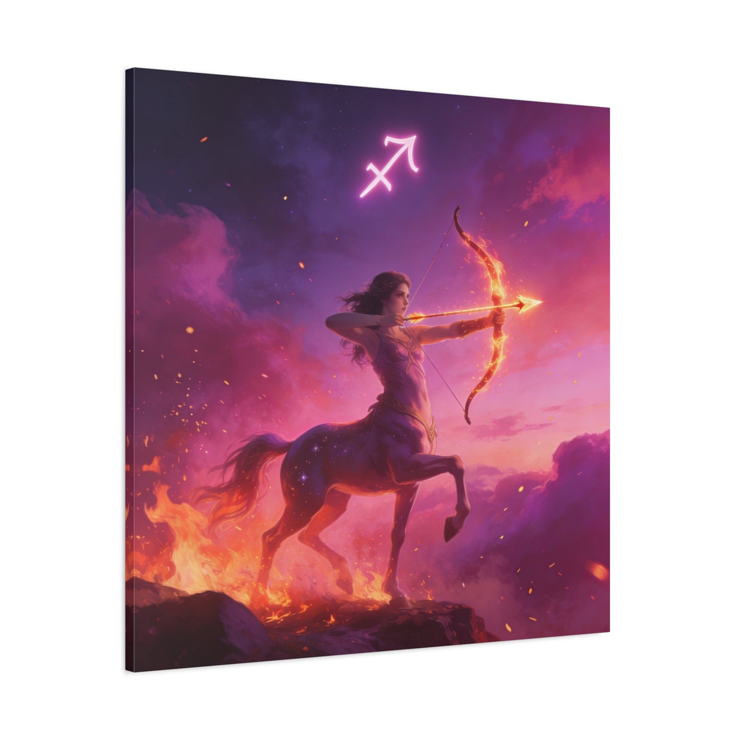 Sagittarius Centaur Archer Canvas Wall Art - Zodiac Fantasy Fire Bow Illustration - Purple Pink Matte Canvas Print - Bedroom Home Decoration, Living Room Wall Decor, Celestial Decor - Ready to Hang