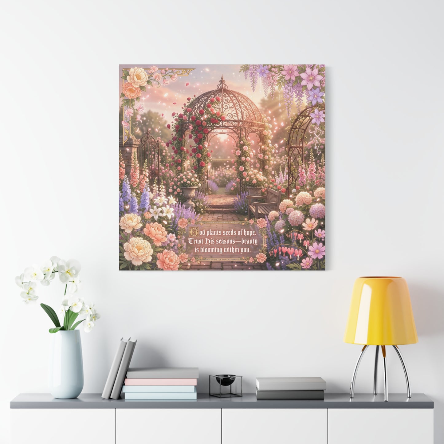 "God Plants Seeds Of Hope" Floral Garden Canvas Wall Art - Romantic Rose Gazebo Scripture Quote Print - Matte Botanical Cottagecore Decor - Bedroom Living Room Home Decoration - Living Room Wall Decor