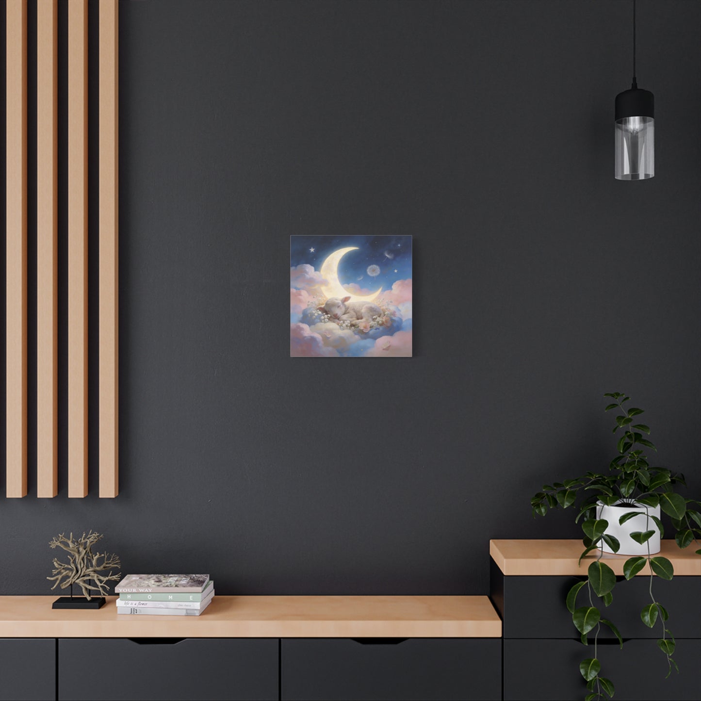 Sleeping Lamb Canvas Wall Art - Crescent Moon, Stars, Pink Clouds Nursery Decor - Dreamy Pastel Animal Painting, Bedroom Home Decoration, Bohemian Wall Hanging, Kids Room Accent - Ready to Hang