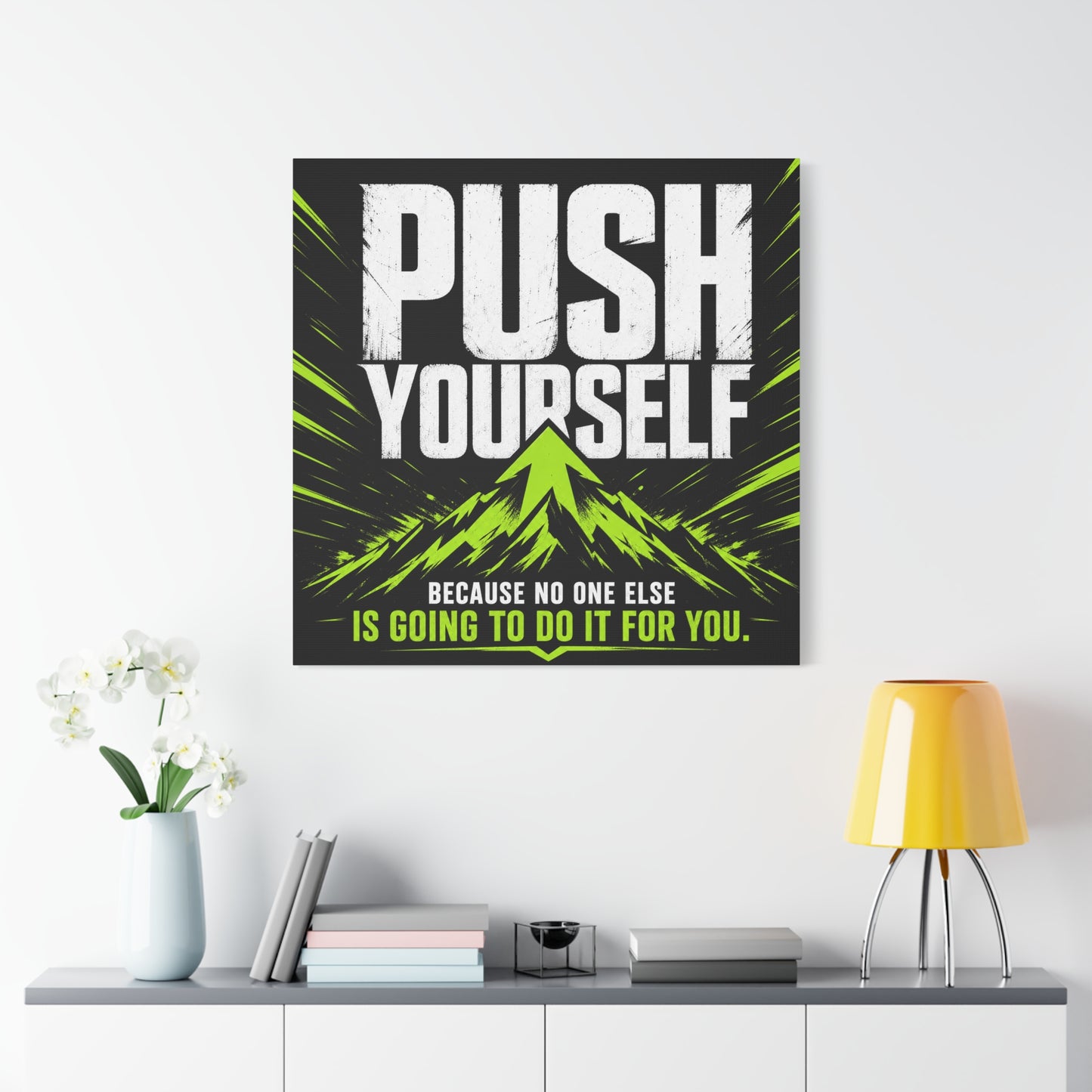 "Push Yourself Because No One Else Is Going To Do It For You" Motivational Canvas Wall Art - Bold Typography Quote Print, Modern Black Neon Green Design - Home Office Wall Decor, Teen Room