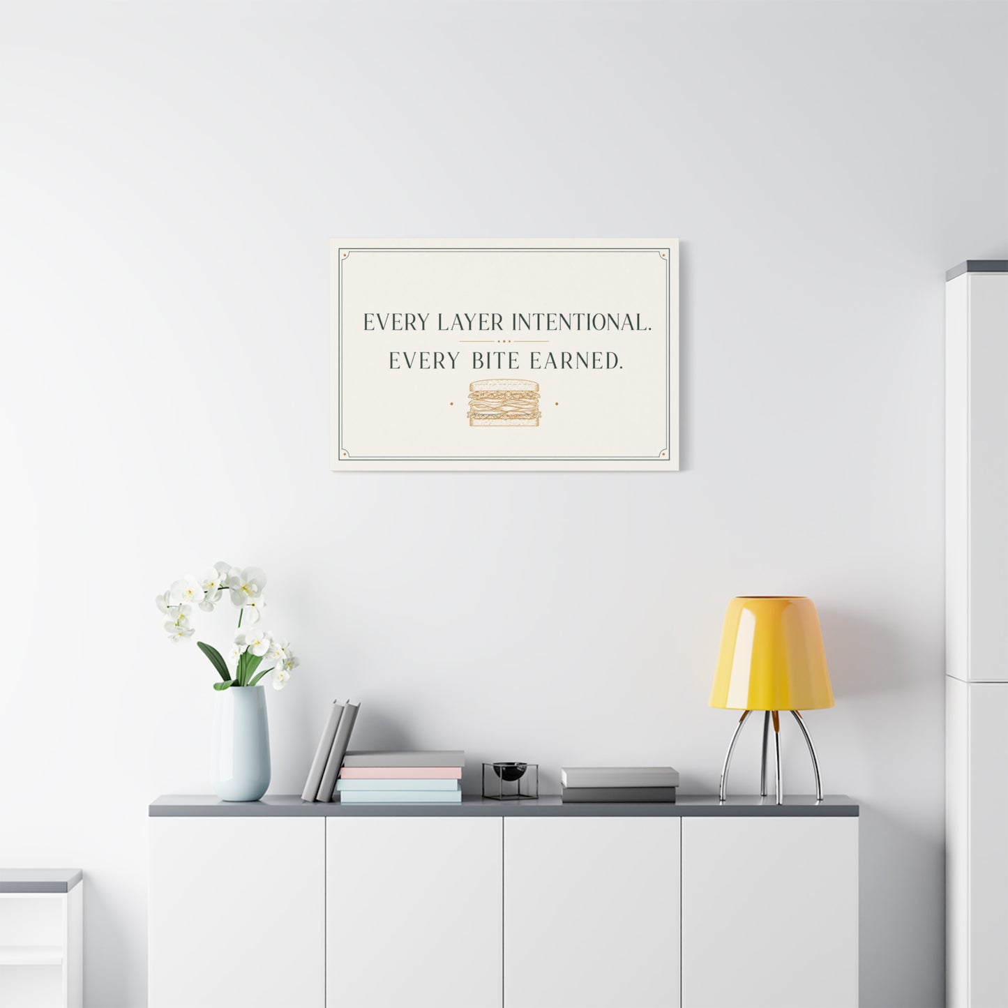 "Every Layer Intentional. Every Bite Earned." Sandwich Canvas Wall Art - Typography Decor, Minimalist Food Quote Print, Modern Decoration - Ready to Hang - Deli Wall Decor - Sandwich Shop Sign