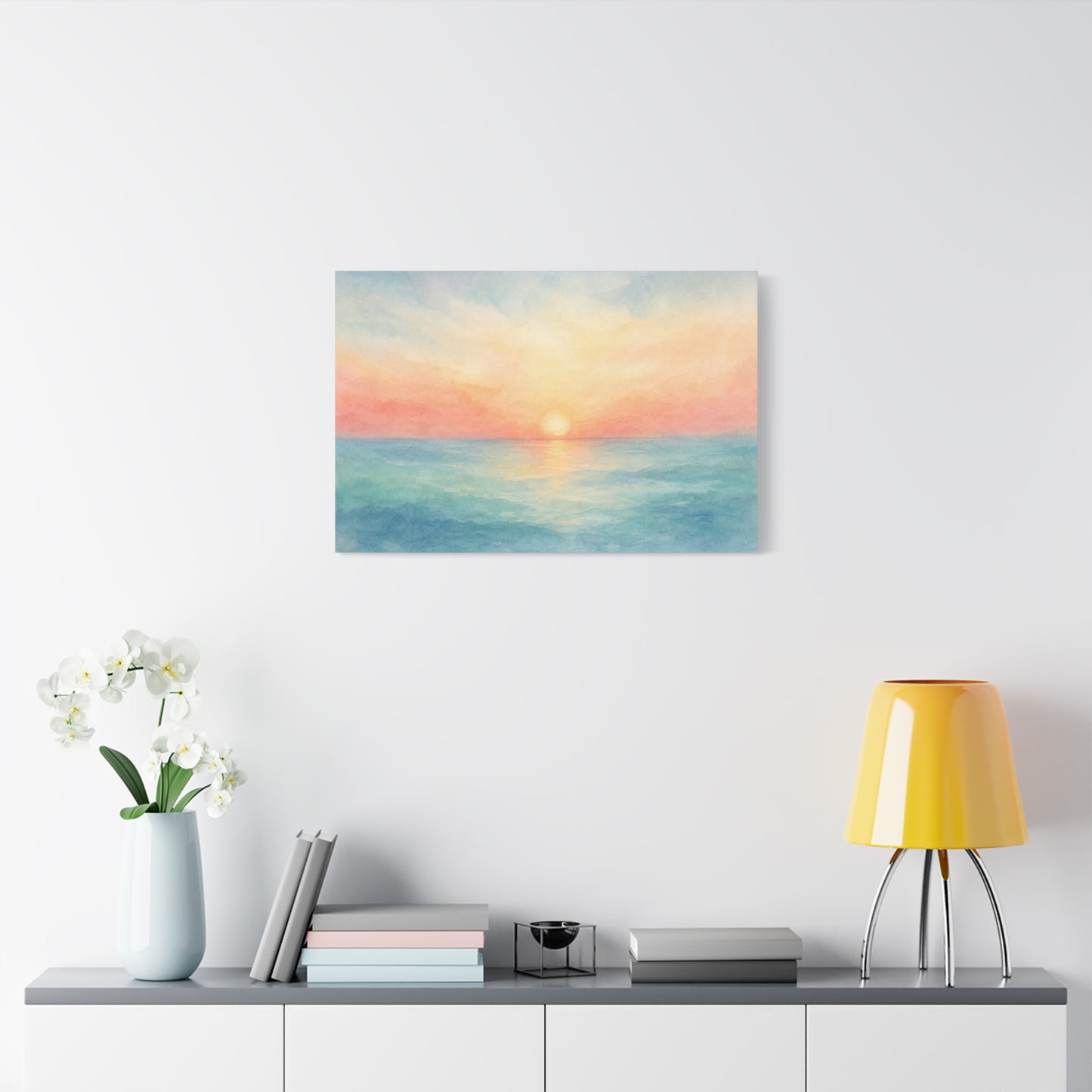 Pastel Ocean Sunrise Canvas Wall Art - Watercolor Seascape, Coastal Wall Decor - Serene Beach Horizon Print - Bedroom Home Decoration, Living Room Accent, Jellyfish Room Decor - Modern Farmhouse Style