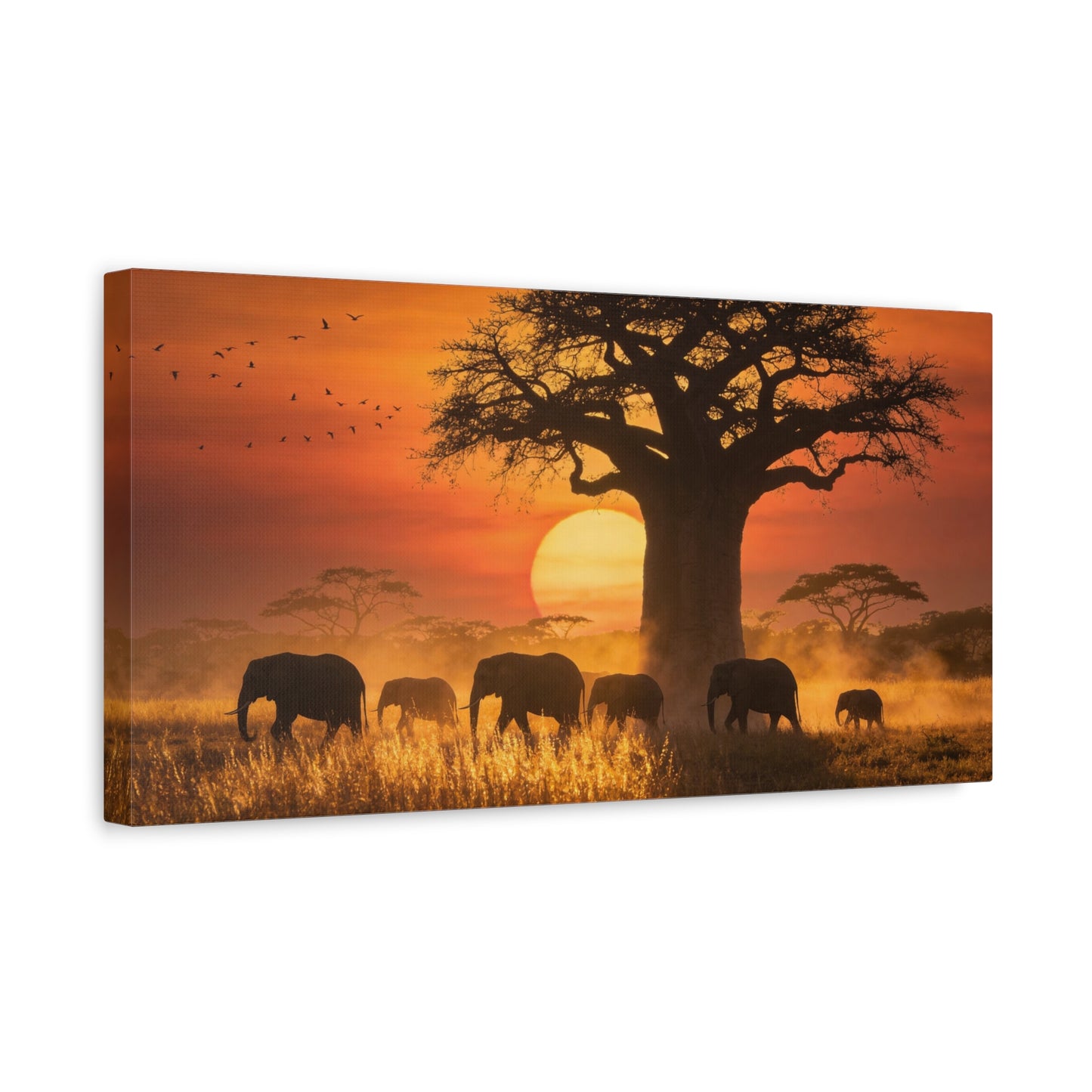 African Elephant Sunset Canvas Wall Art - Baobab Tree Safari Scene, Golden Savanna Wildlife Print - Matte Cotton Canvas, Rustic Contemporary Style - Living Room Wall Decor - Bedroom Home Decoration