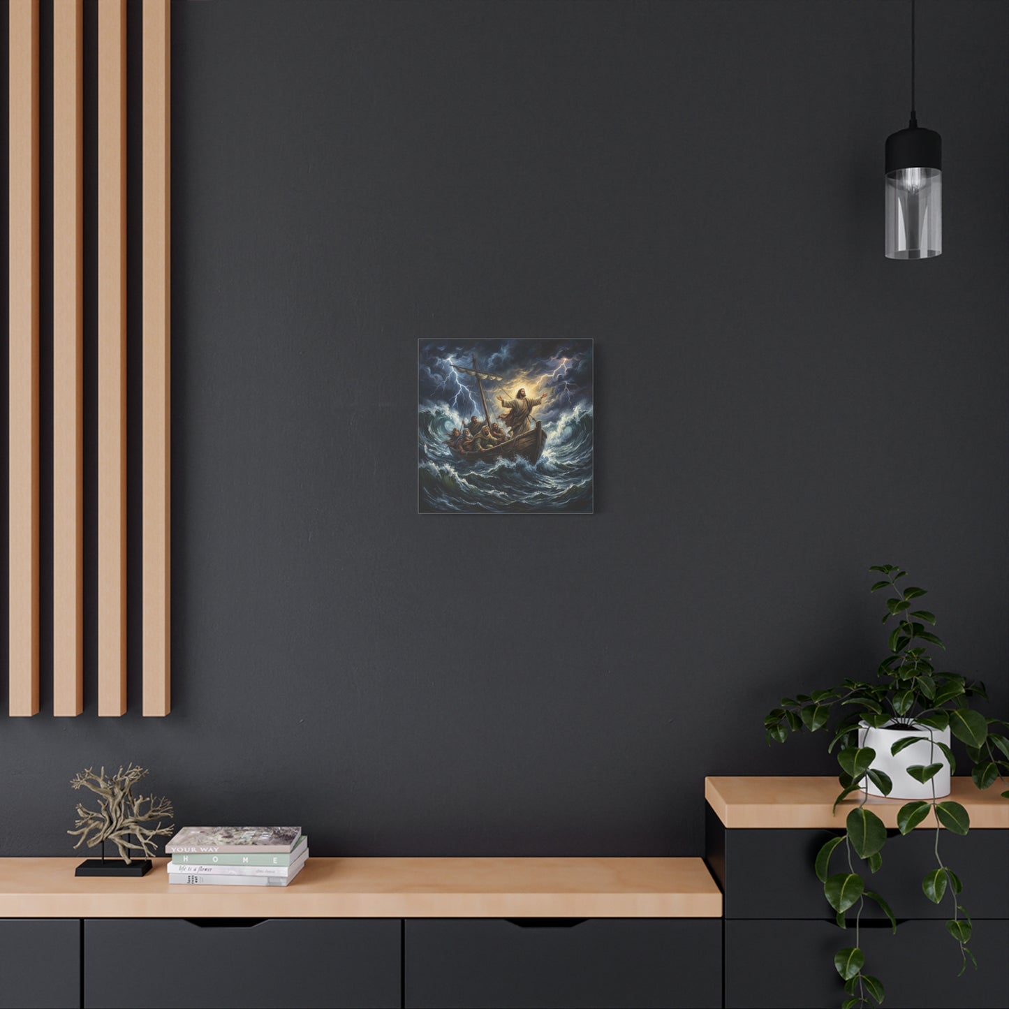 Jesus Calming The Storm Canvas Wall Art - Bible Boat Sea Scene, Dramatic Lightning Waves - Cotton Matte Print - Traditional Religious Decor For Living Room Office Bedroom - Living Room Wall Decor