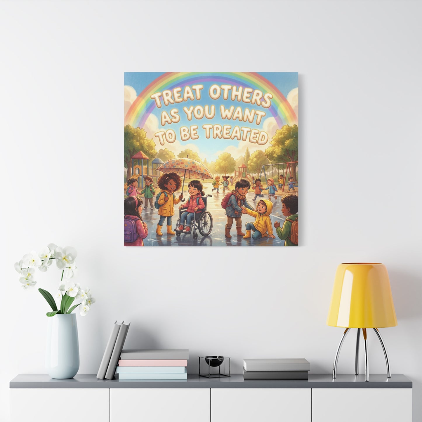 Kindness Quote Canvas Wall Art - Rainbow Playground Children Illustration Print - Inclusive Classroom Decor, Kids Room Wall Hanging, School Counselor Office Poster, Bohemian Nursery Accent
