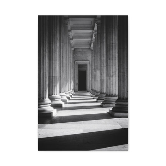 Black And White Classical Column Hallway Canvas Wall Decor - Architectural Art Print, Dramatic Light And Shadow, Minimalist Interior Accent - Living Room Decoration Office Display