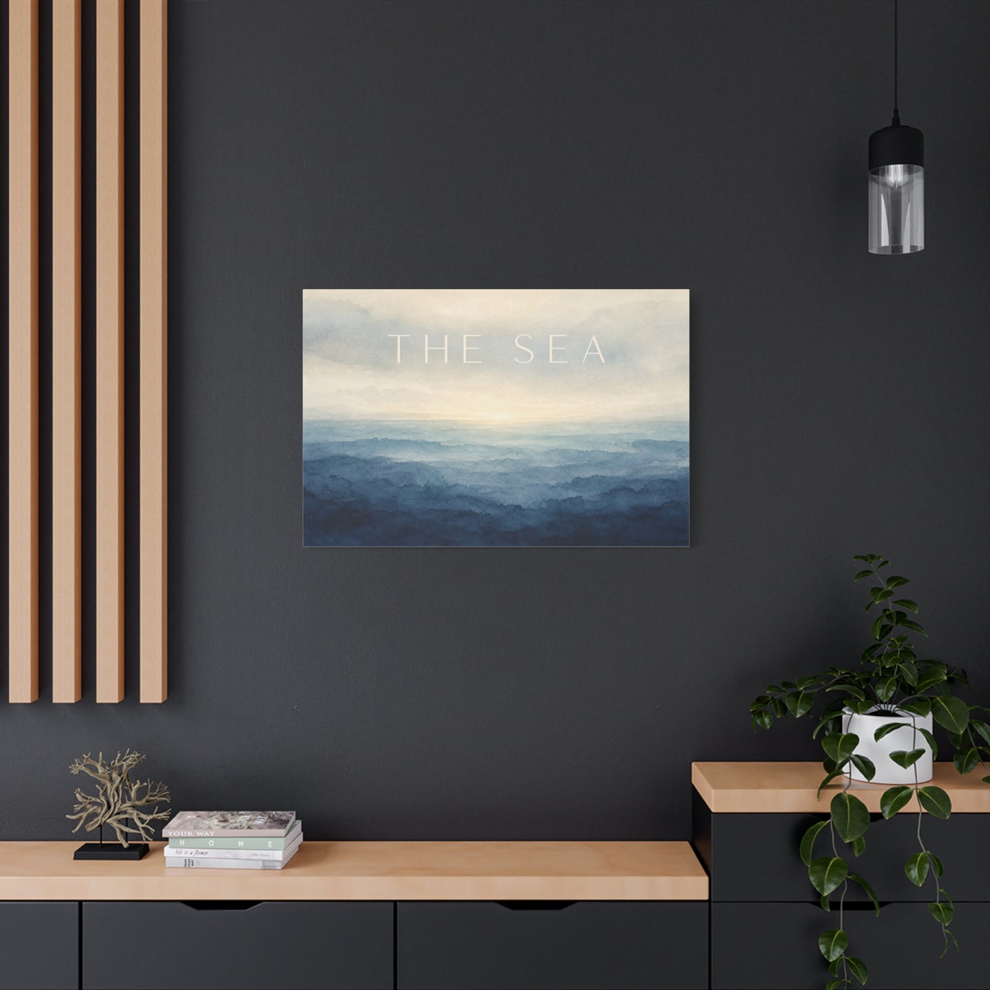 "The Sea" Coastal Canvas Wall Art - Blue Ocean Horizon Watercolor Typography Print - Serene Minimalist Seascape Decor - Bedroom Wall Hanging, Living Room Home Decoration, Meditation Space