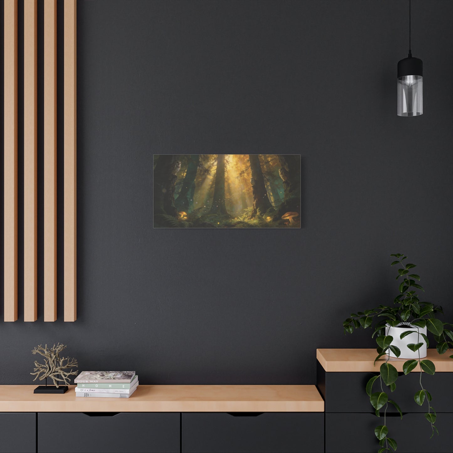 Owl Forest Canvas Wall Art - Sunbeams, Mushrooms, Fern Woodland Scene - Matte Cotton Print - Mystical Nature Style - Living Room Wall Decor, Bedroom Home Decoration - Bedroom Home Decoration