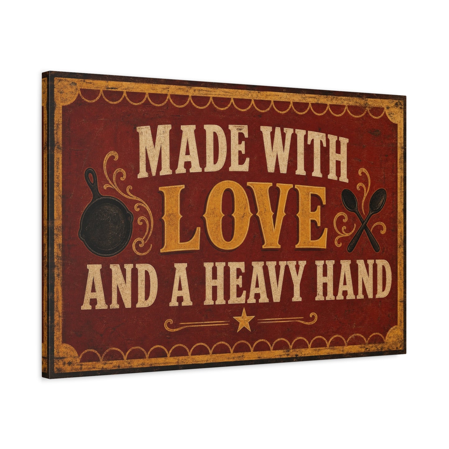 "Made With Love And A Heavy Hand" Kitchen Canvas Wall Art - Rustic Vintage Typography Print, Farmhouse Cooking Decor, Dining Room Wall Decor, Country Home Decoration - Ready to Hang - Ready to Hang