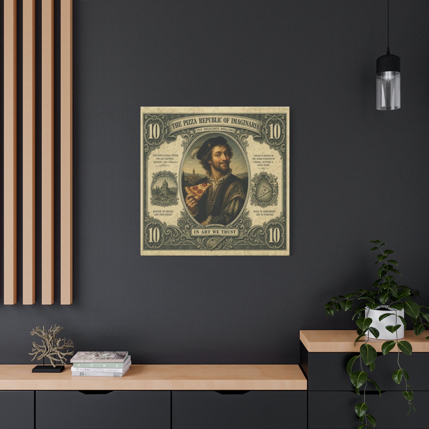 "The Pizza Republic Of Imaginaria" Canvas Wall Art - Vintage Typography Portrait Print, Renaissance Pizza Note Design, Eclectic Office Wall Decor, Cafe Wall Art, Humor Canvas - Reception Area Decor