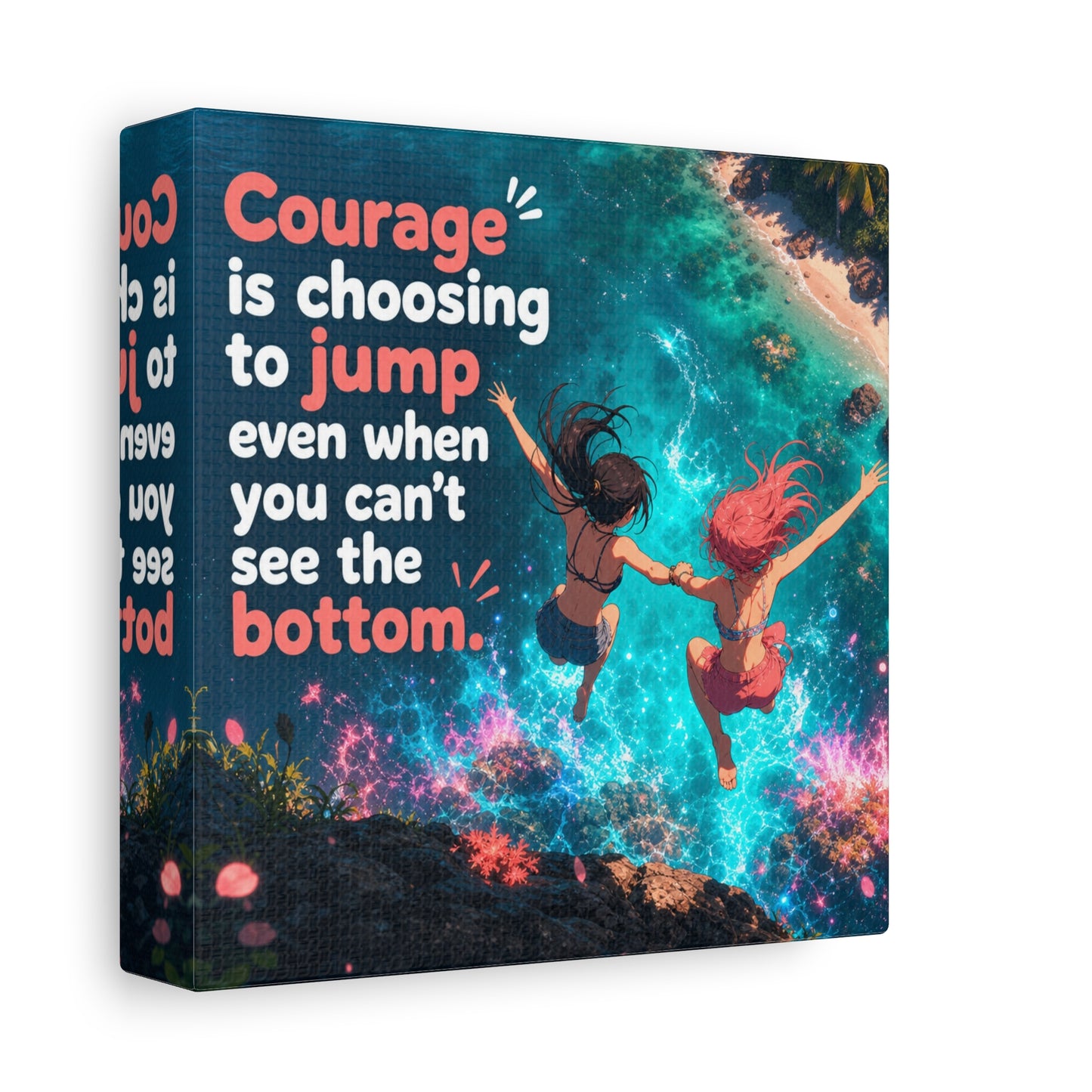 "Courage Is Choosing To Jump Even When You Can't See The Bottom" Canvas Wall Art - Coastal Quote Illustration, Inspirational Ocean Cliff Scene, Bedroom Wall Decor, Teen Space Accent - Ready to Hang