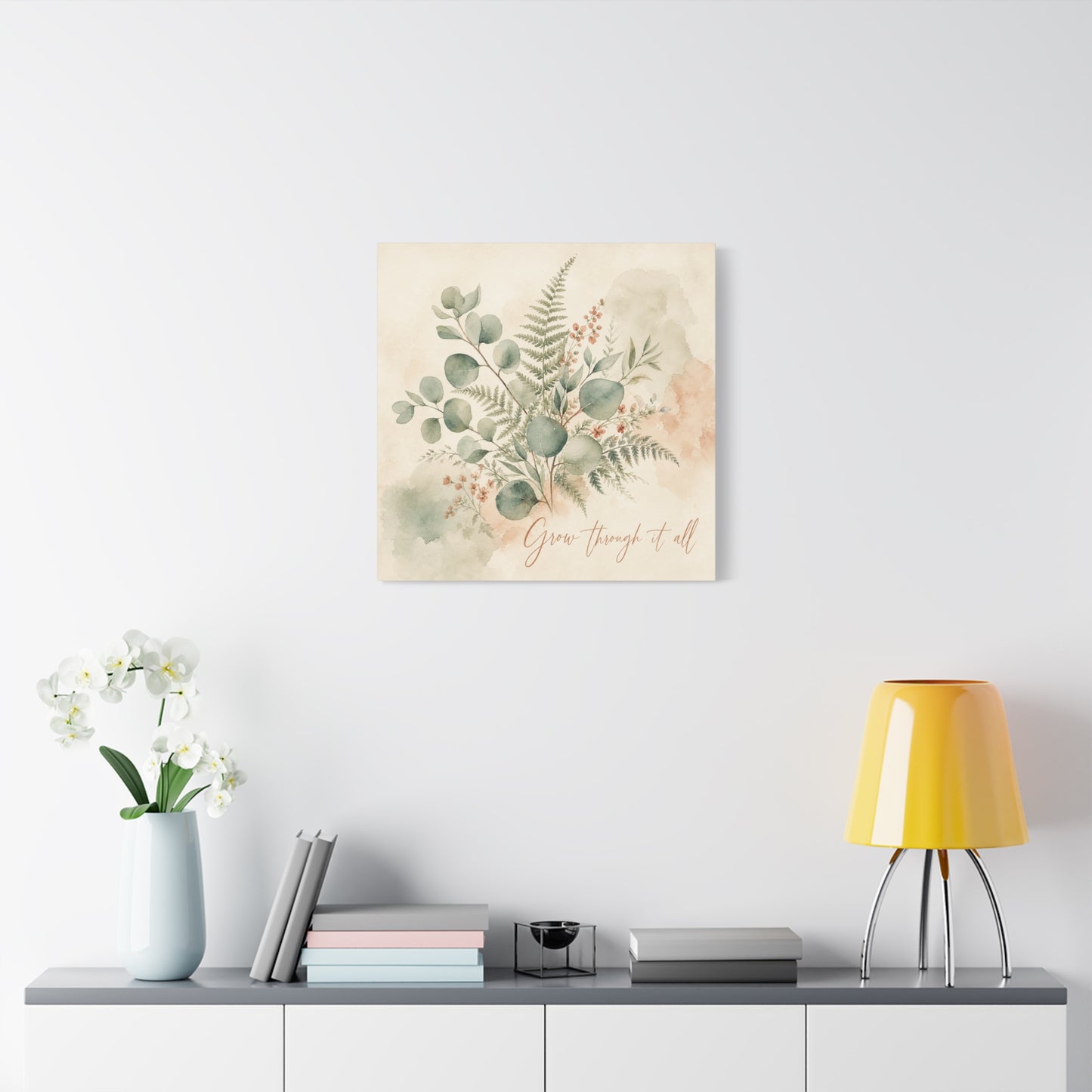 "Grow Through It All" Botanical Canvas Wall Art - Eucalyptus Fern Watercolor Quote Print, Sage Green Floral Home Decor - Modern Farmhouse Style, Bedroom Wall Hanging - Ready to Hang - Ready to Hang