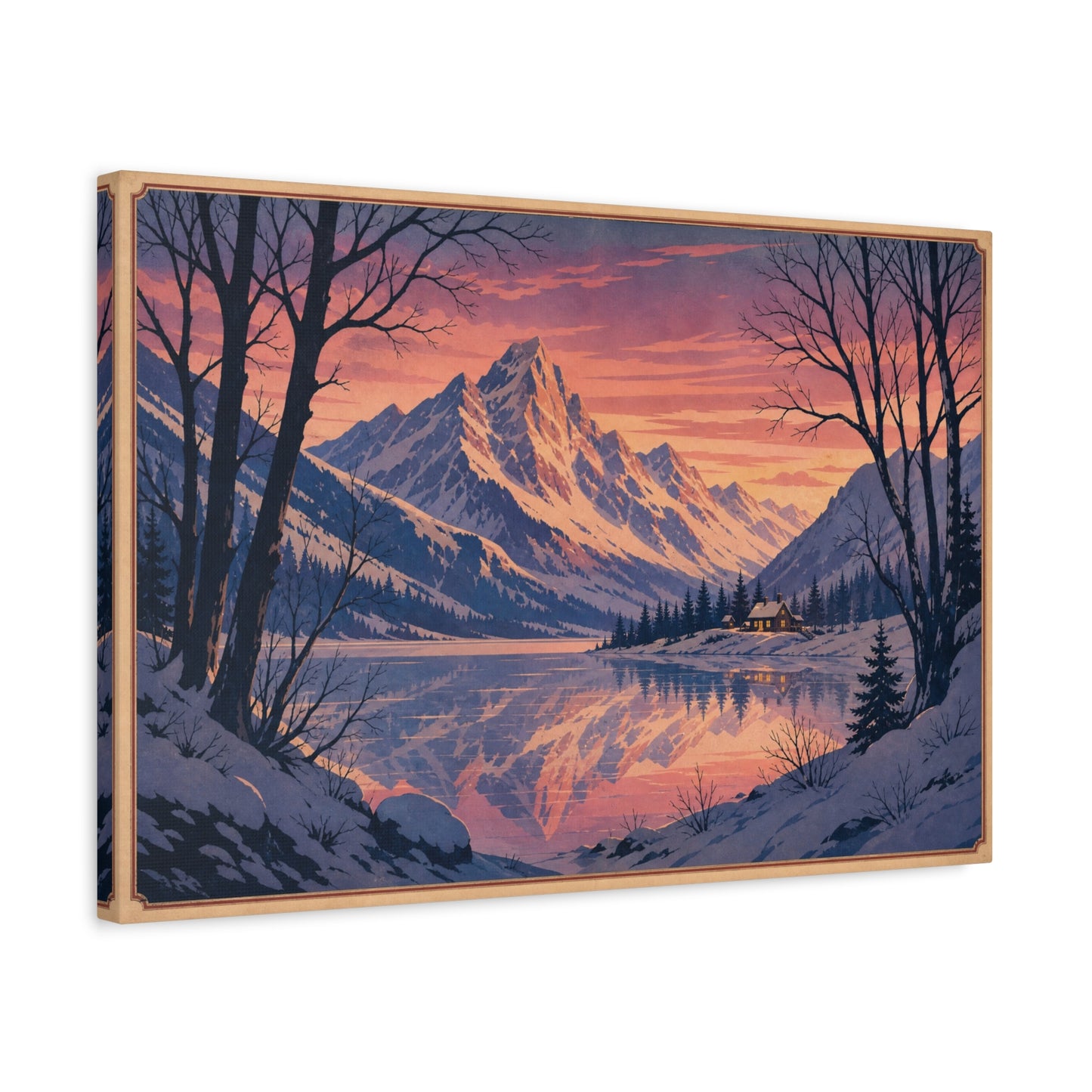 Snowy Mountain Lake Canvas Wall Art - Alpine Sunset Reflection Landscape Print, Rustic Winter Home Decor, Matte Finish Scenic Artwork For Living Room, Bedroom, Cabin Retreat - Living Room Wall Decor