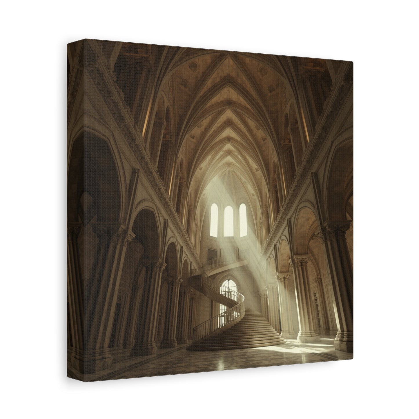 Gothic Cathedral Interior Canvas Wall Art - Sunlit Spiral Staircase, Religious Architecture Print - Matte Cotton Canvas - Traditional Style - Living Room Wall Decor, Office Art - Ready to Hang
