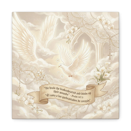 "He Heals The Brokenhearted And Binds Up Their Wounds" Canvas Wall Art - Dove, Cross, Psalm 147:3 Scripture Print - Beige Floral Christian Decor - Bedroom Living Room Home Decoration - Office Wall Art