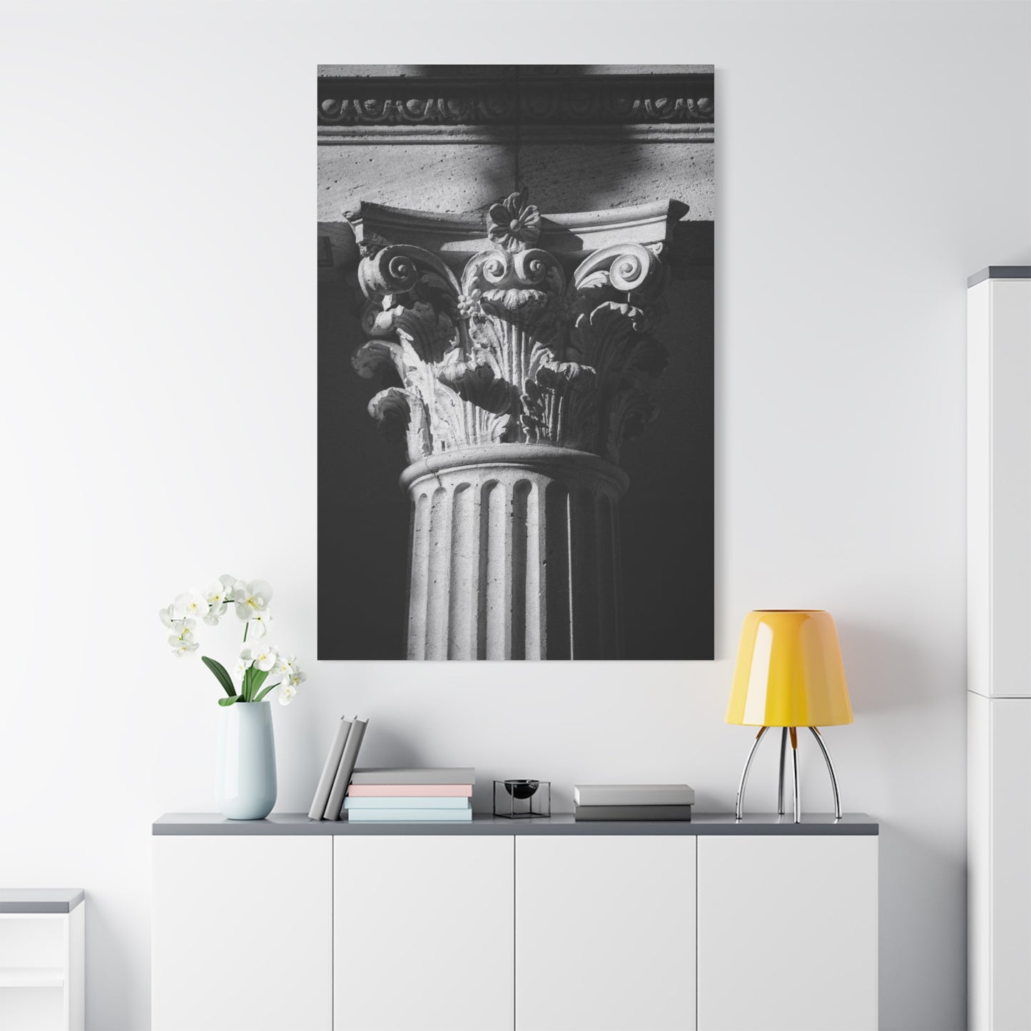 Black And White Corinthian Column Canvas Wall Art - Architectural Art Print, Dramatic Light, Matte Cotton Decor - Modern Minimalist Living Room Wall Decor, Office Art - Bedroom Home Decoration