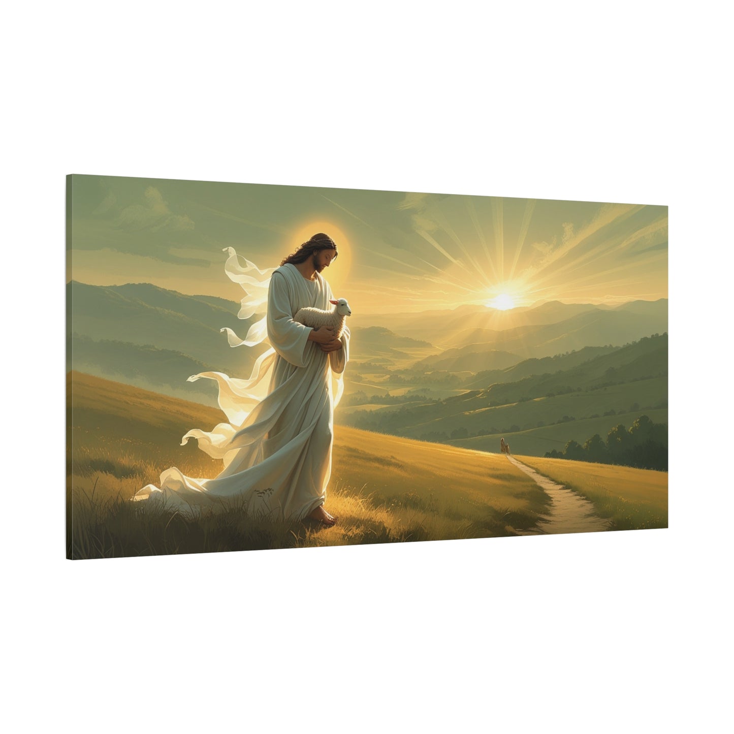 Jesus Holding Lamb Canvas Wall Art - Christian Sunset Landscape Print, Golden Light Faith Decor - Matte Cotton Canvas - Traditional Living Room Wall Decor, Bedroom Home Accent - Modern Farmhouse Style