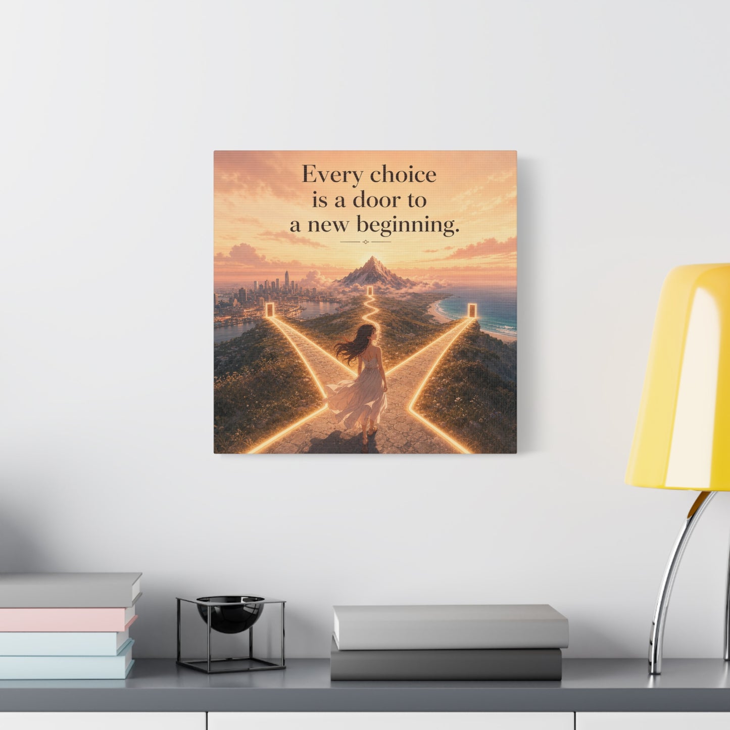 "Every Choice Is A Door To A New Beginning." Inspirational Canvas Wall Art - Woman At Glowing Crossroads Path, Mountain And Coast Dreamscape - Modern Typography Decor For Bedroom Office