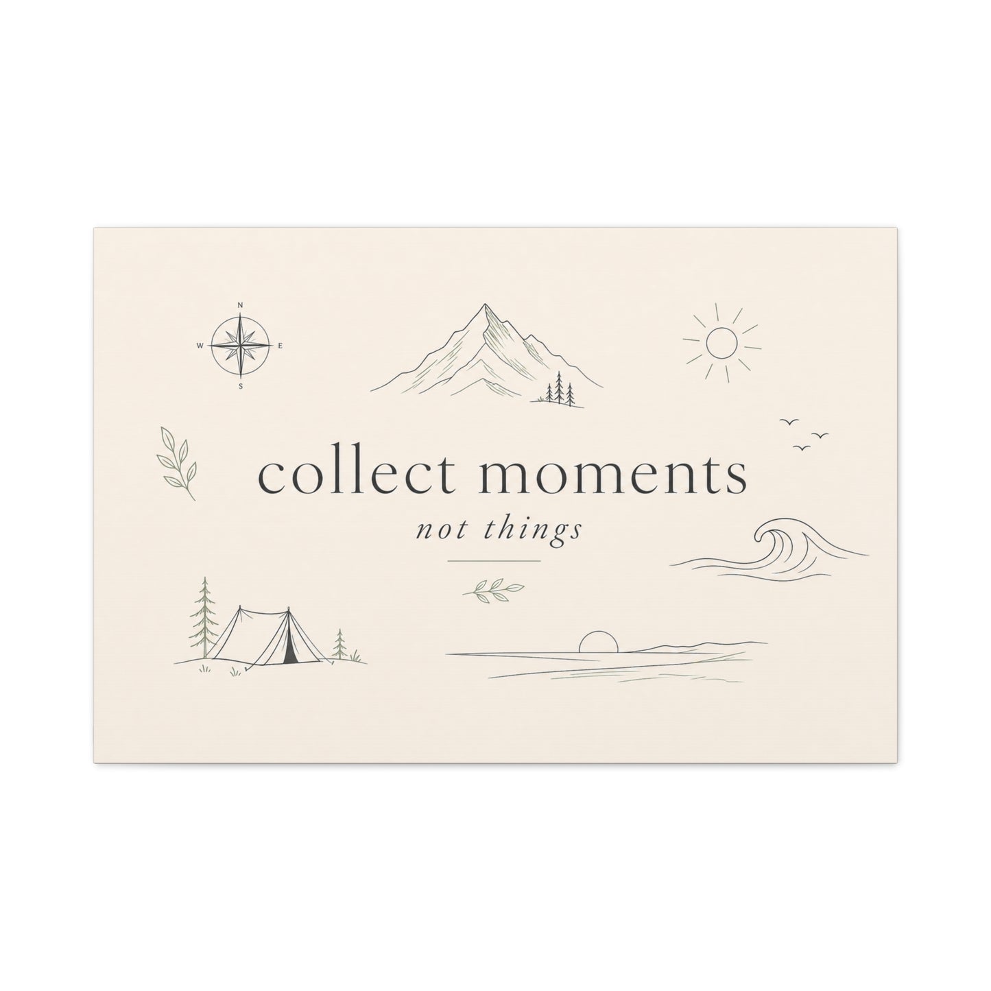 "Collect Moments Not Things" Minimalist Canvas Wall Art - Mountain, Compass, Wave Line Drawing - Neutral Typography Print - Boho Modern Wall Decor For Living Room, Bedroom, Office Accent