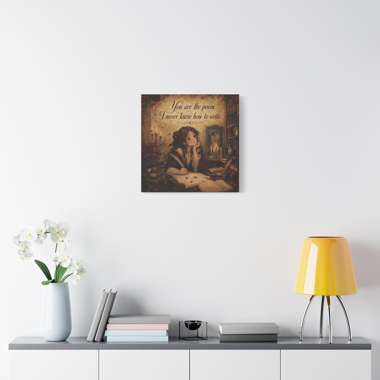 "You Are The Poem I Never Knew How To Write" Quote Canvas Wall Art - Romantic Gothic Library Girl Illustration - Vintage Brown Decor - Bedroom Wall Hanging, Teenager Room Decor - Ready to Hang