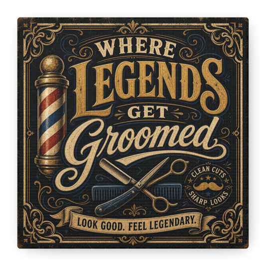 "Where Legends Get Groomed" Barber Shop Canvas Wall Art - Vintage Typography Sign, Straight Razor And Pole Illustration - Rustic Barbershop Decor, Salon Wall Art, Lobby Accent - Reception Area Decor