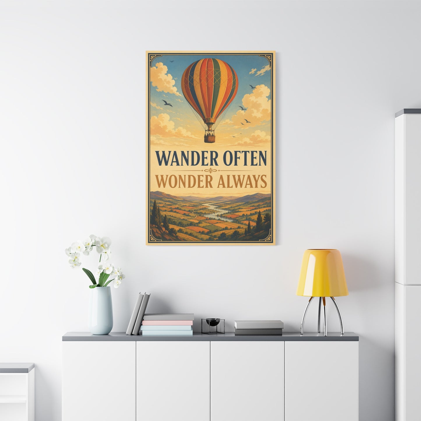 "Wander Often Wonder Always" Hot Air Balloon Canvas Wall Art - Vintage Travel Landscape Quote Print, Retro Sky Poster Style, Living Room Wall Decor - Ready to Hang - Bedroom Home Decoration