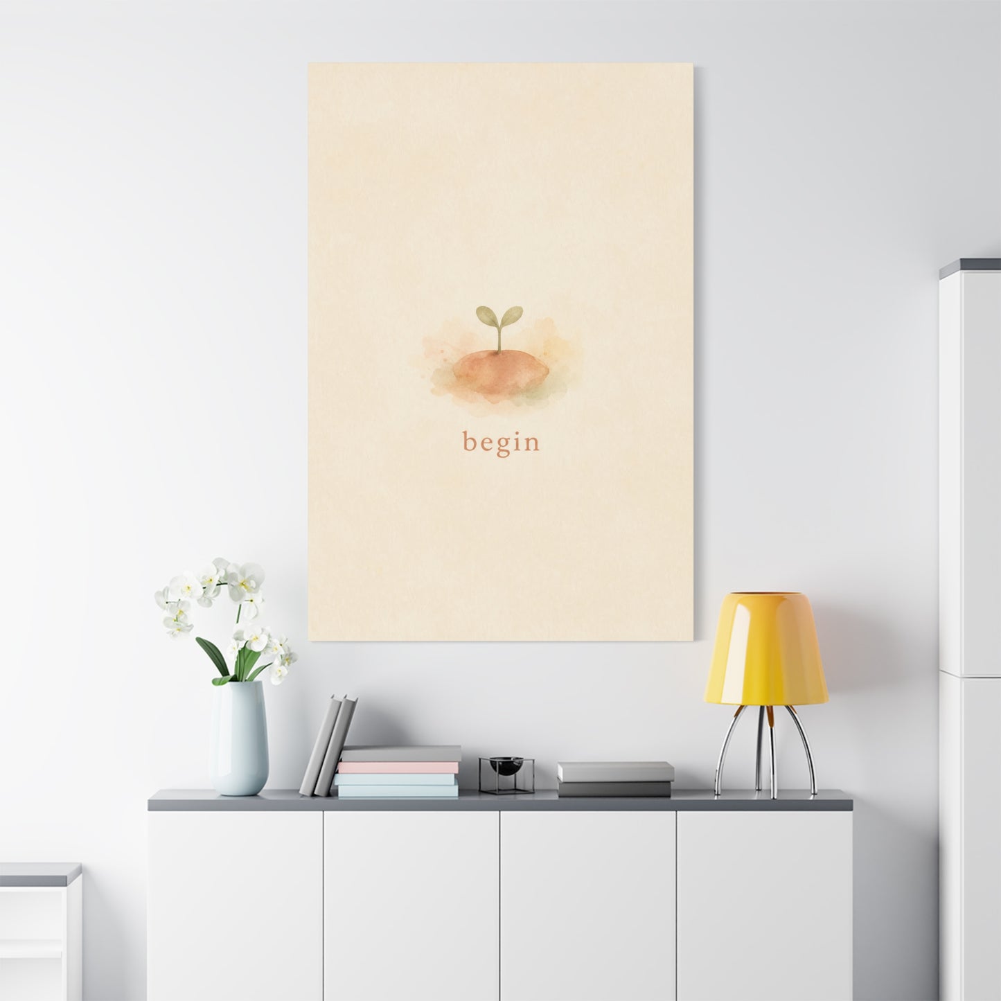 "Begin" Minimalist Sprout Canvas Wall Art - Inspirational Typography Print, Soft Beige Botanical Watercolor - Contemporary Neutral Decor For Bedroom, Nursery, Home Office, Meditation Space