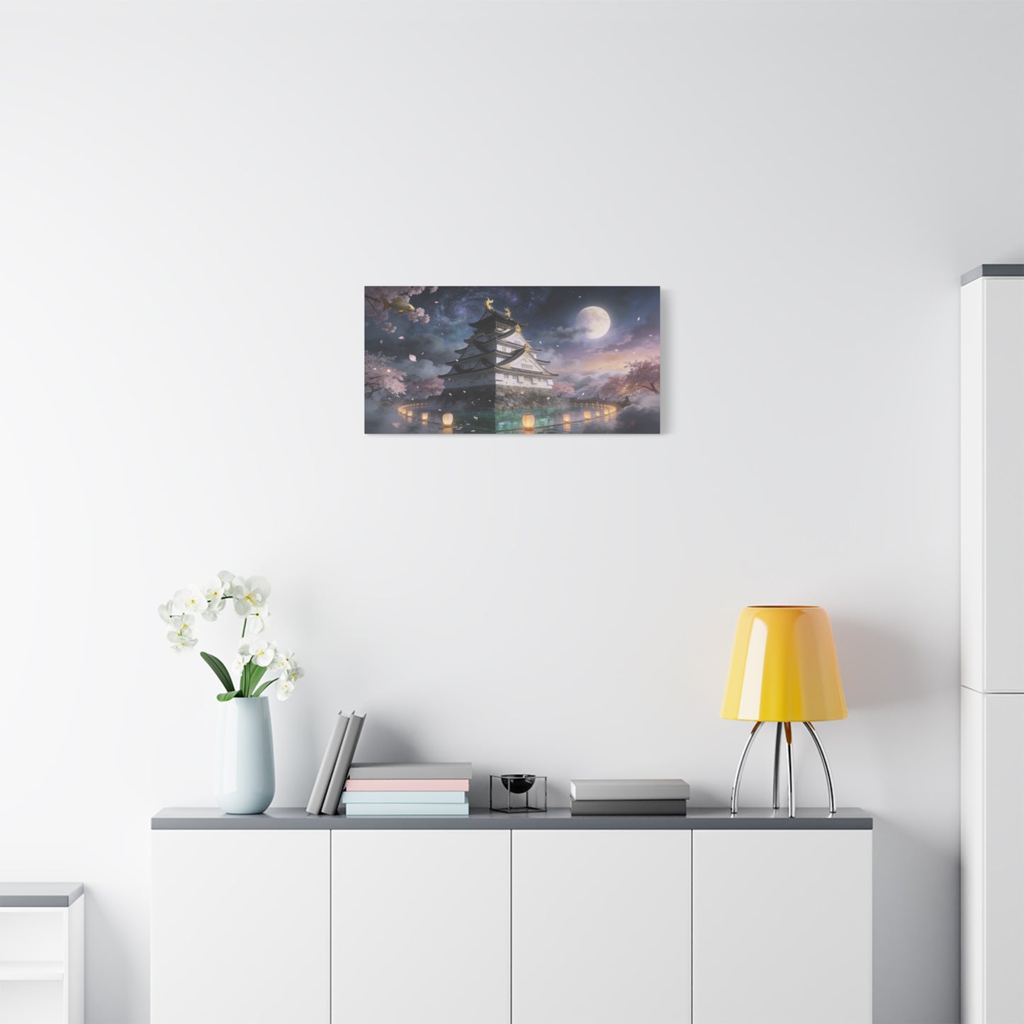 Japanese Castle Canvas Wall Art - Moonlit Cherry Blossom Pagoda, Floating Koi, Fantasy Night Sky - Matte Cotton Art Print - Contemporary Landscape Style For Living Room Wall Decor - Ready to Hang