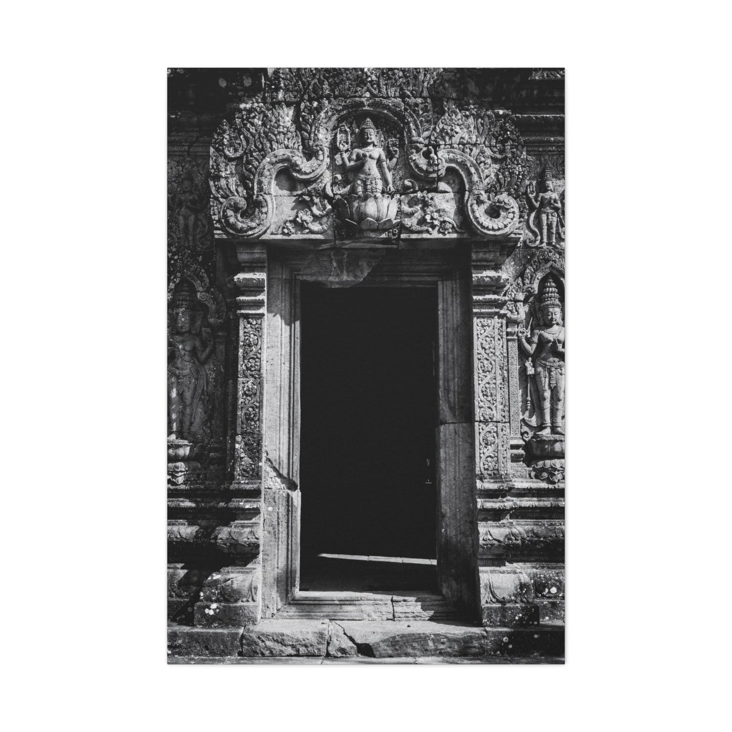 Buddhist Temple Doorway Canvas Wall Art - Black And White Stone Carving, Religious Architecture Print, Traditional Monochrome Decor - Living Room Wall Decor, Office Art - Bedroom Home Decoration