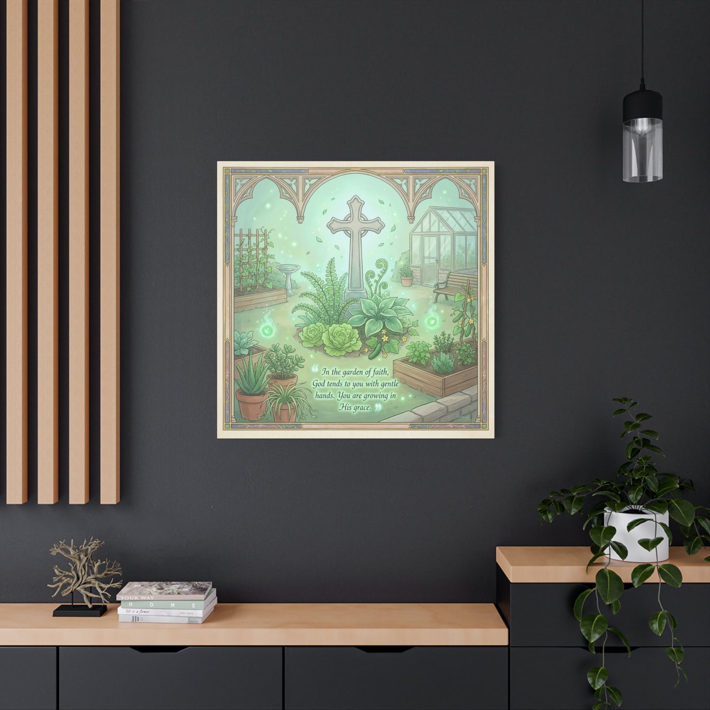 "In The Garden Of Faith" Christian Canvas Wall Art - Cross Garden Quote Print - Botanical Scripture Decor, Matte Cotton Canvas - Traditional Religious Wall Decor For Bedroom Office - Ready to Hang
