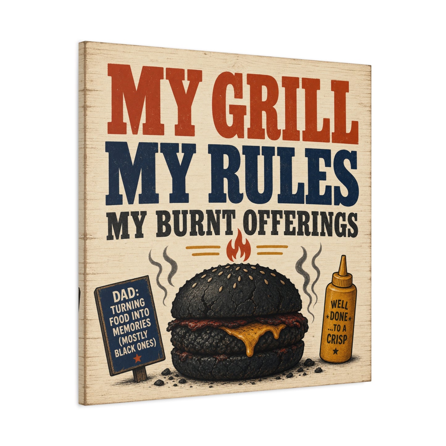 "My Grill My Rules My Burnt Offerings" Funny BBQ Canvas Wall Art - Burnt Burger Grill Sign, Rustic Farmhouse Kitchen Decor, Patriotic Red Blue Typography Print - Man Cave Wall Decor - Ready to Hang
