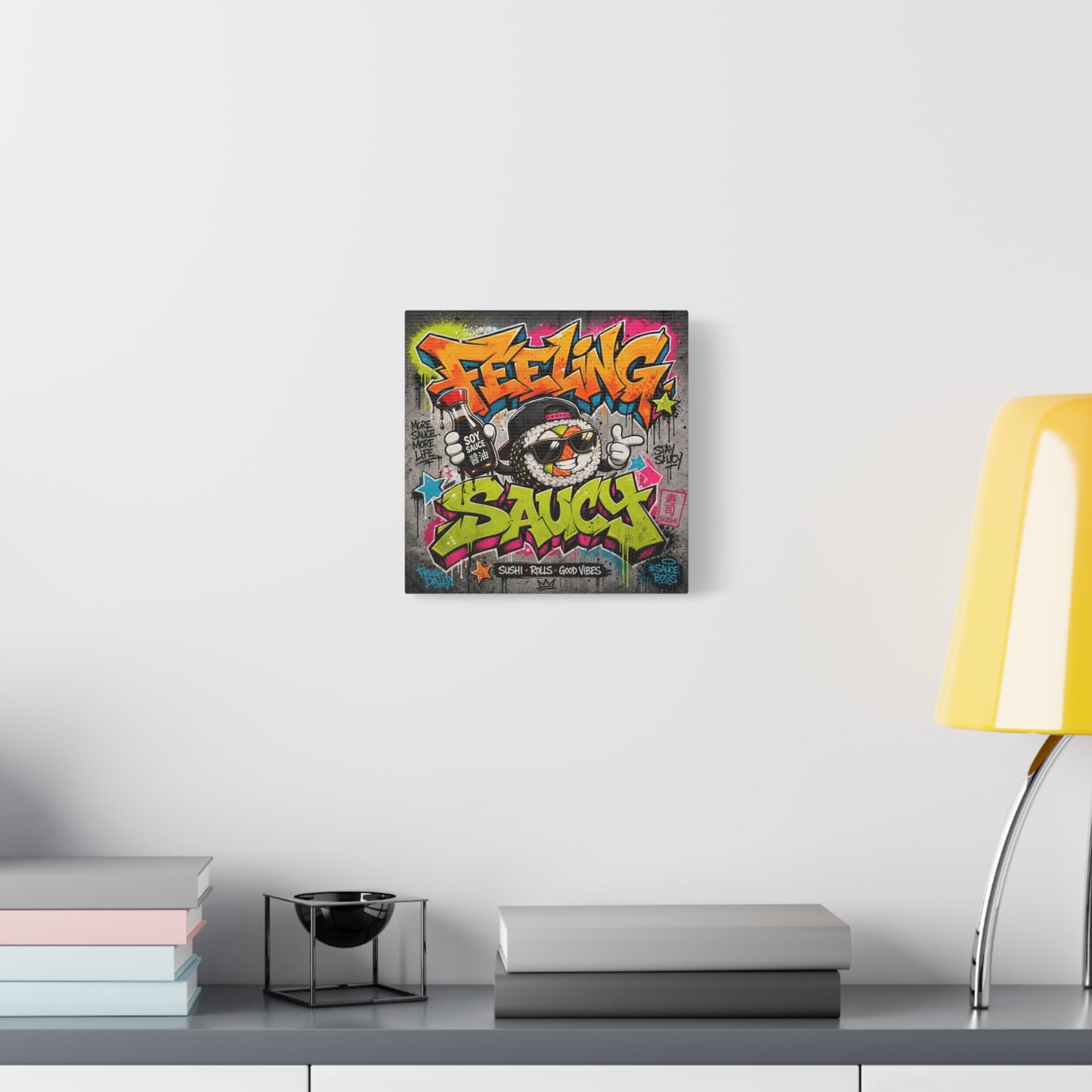 "Feeling Sauce" Graffiti Canvas Wall Art - Sushi Roll Street Illustration, Urban Pop Typography, Matte Cotton Print, Contemporary Decor for Kitchen Nook, Dining Space, Cafe Interior Accent