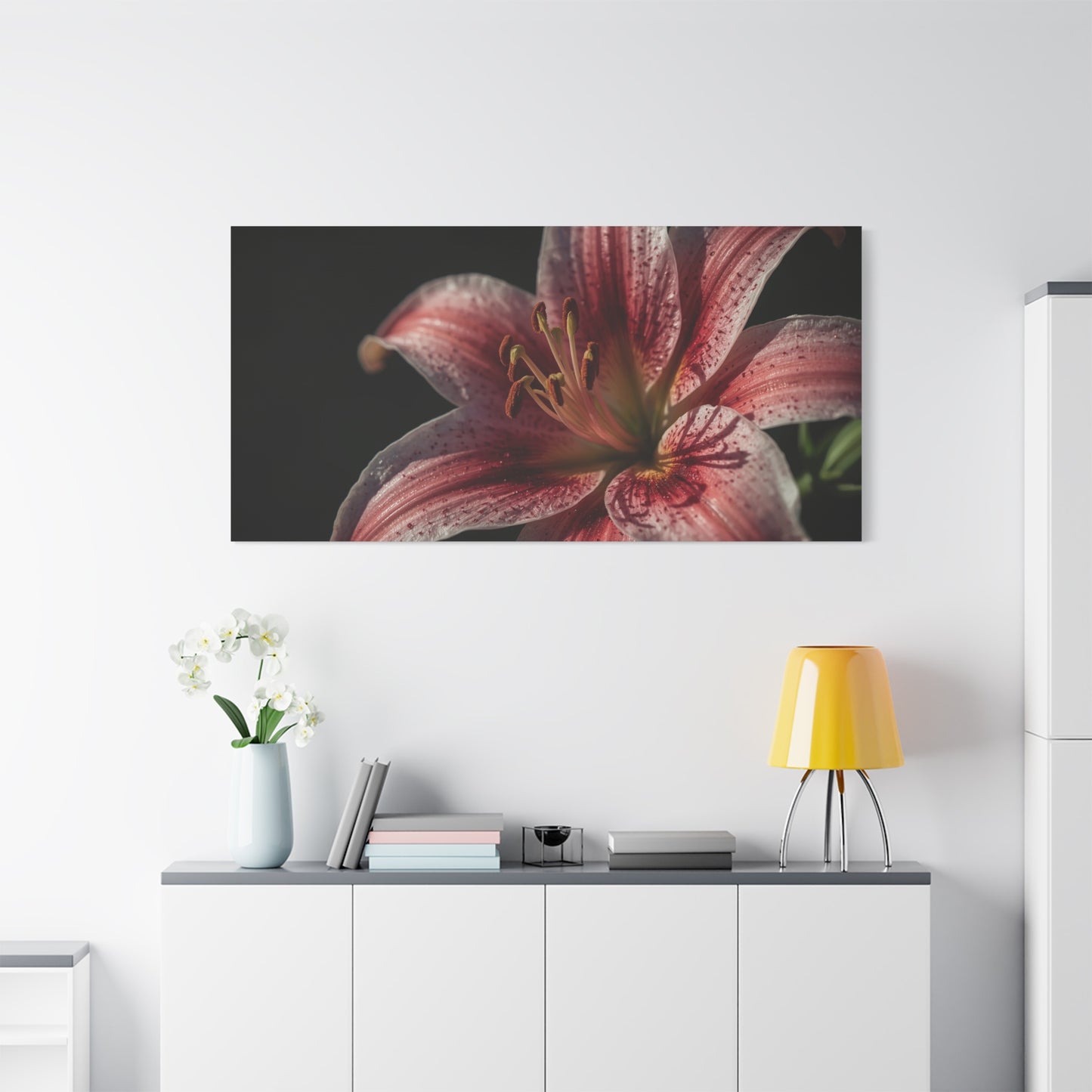 Pink Stargazer Lily Canvas Wall Art - Floral Macro Art Print, Dark Botanical Canvas Print - Matte Cotton Decor, Contemporary Style - Bedroom Wall Accent, Living Room Decoration - Ready to Hang